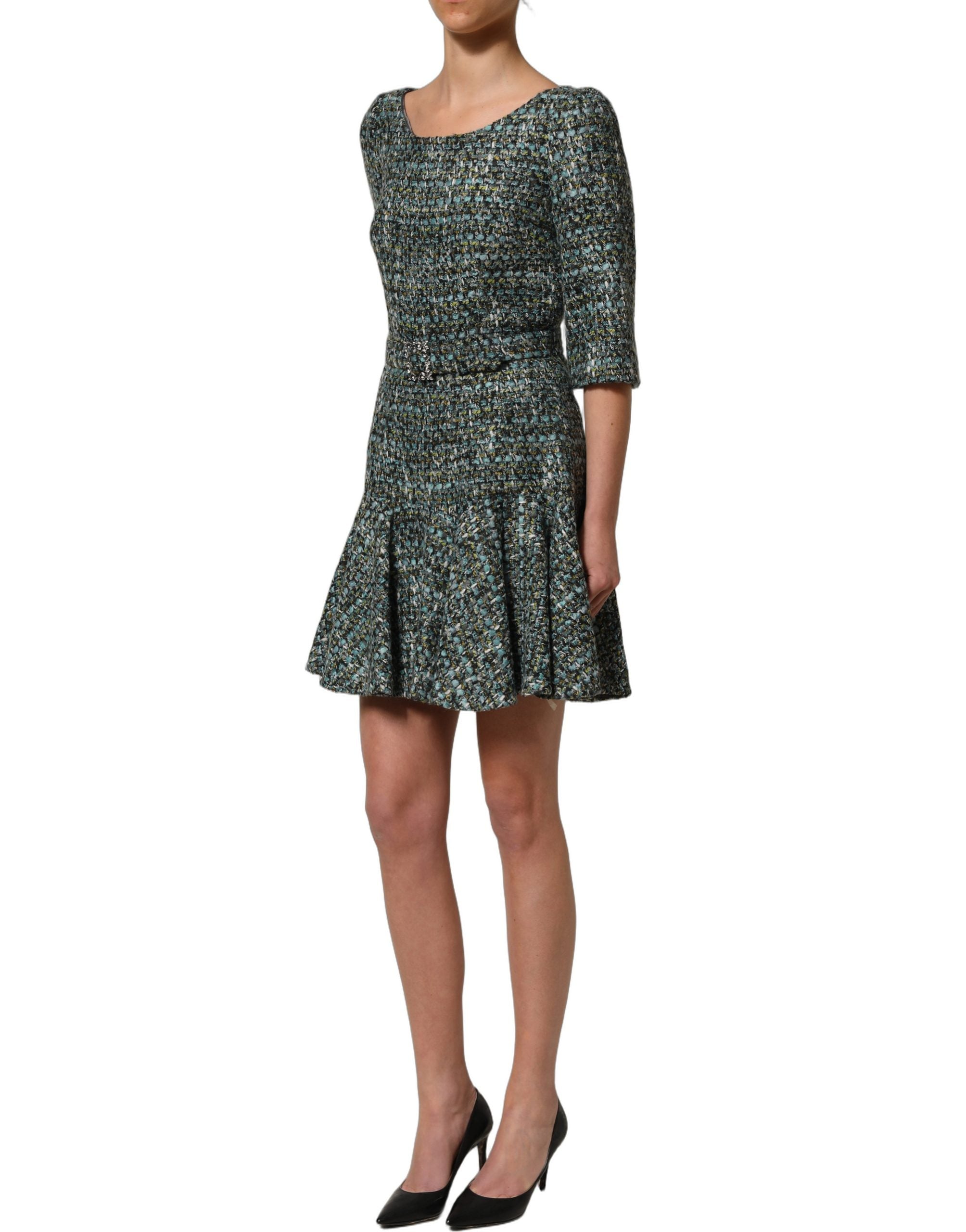 Multicolor Tweed Belted Babydoll Mini Dress