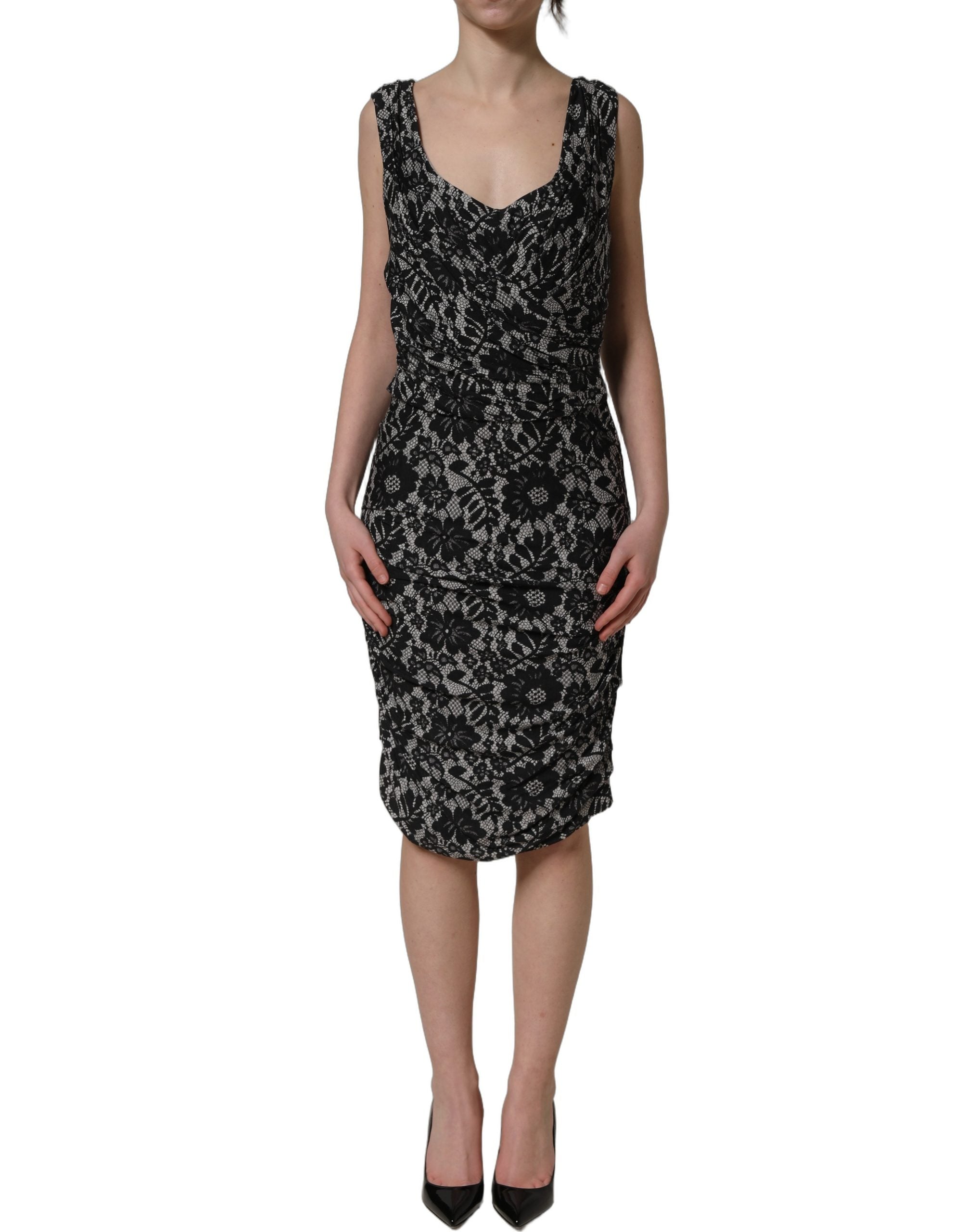 Black White Floral Lace Sleeveless Midi Dress