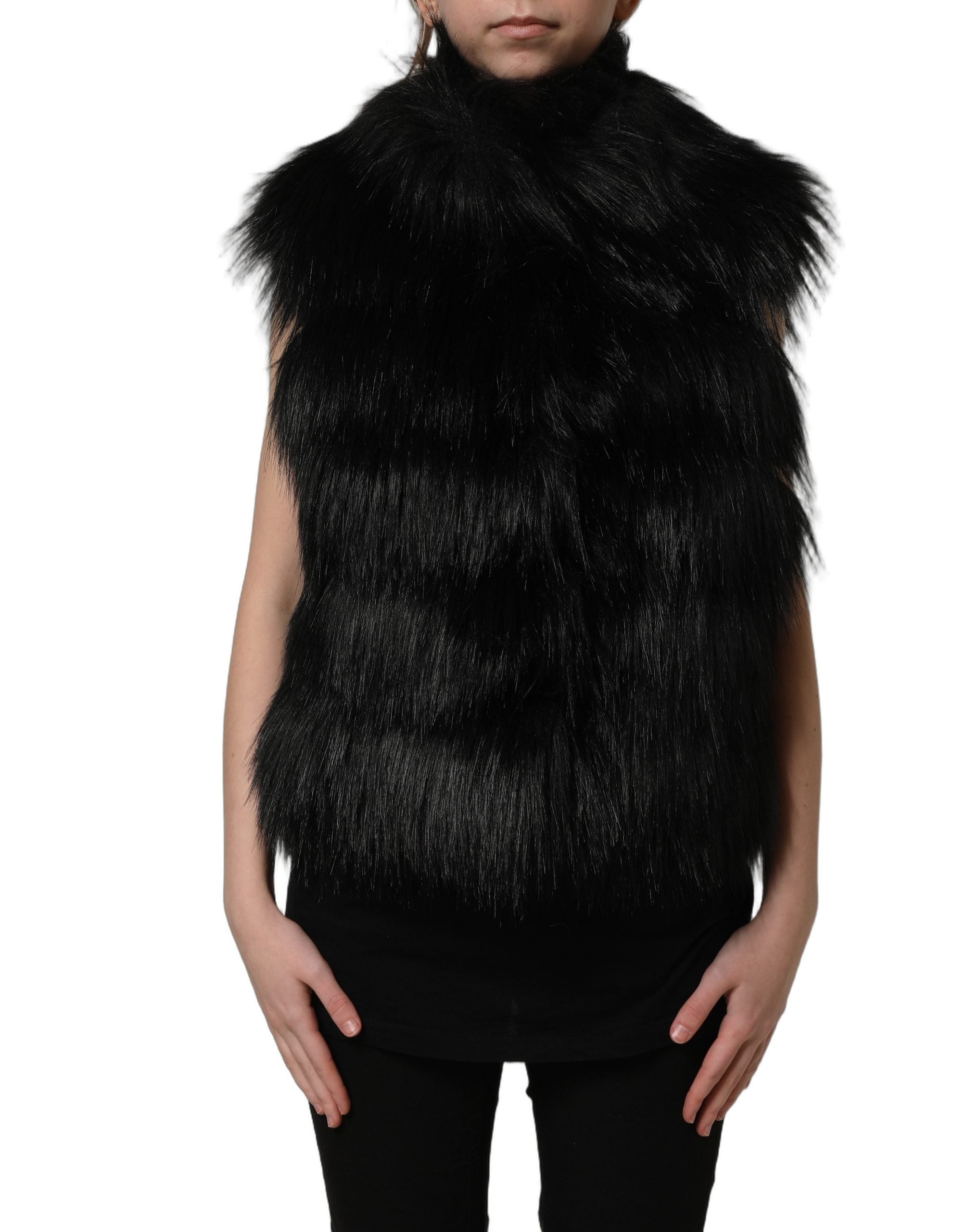 Black Acrylic Faux Fur Sleeveless Vest Jacket