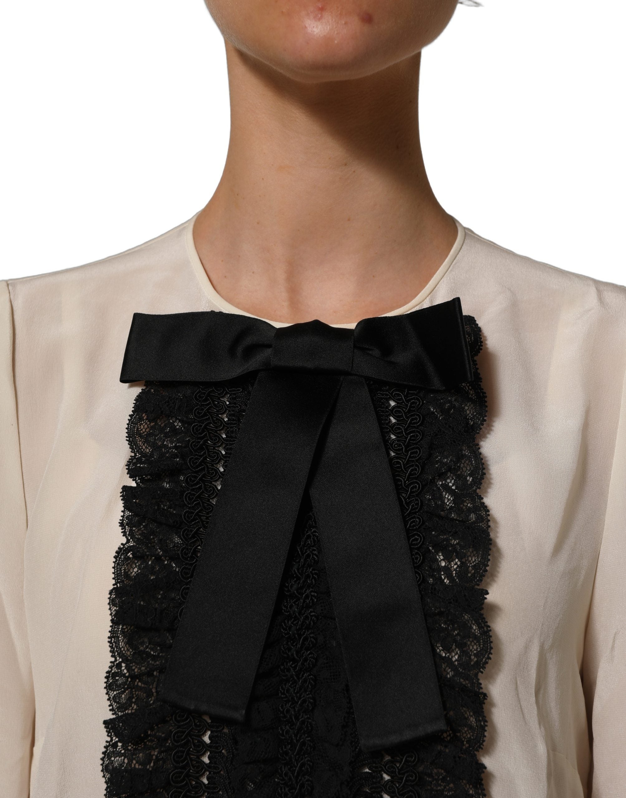 Beige Lace Trim Bow Short Sleeves Blouse Top