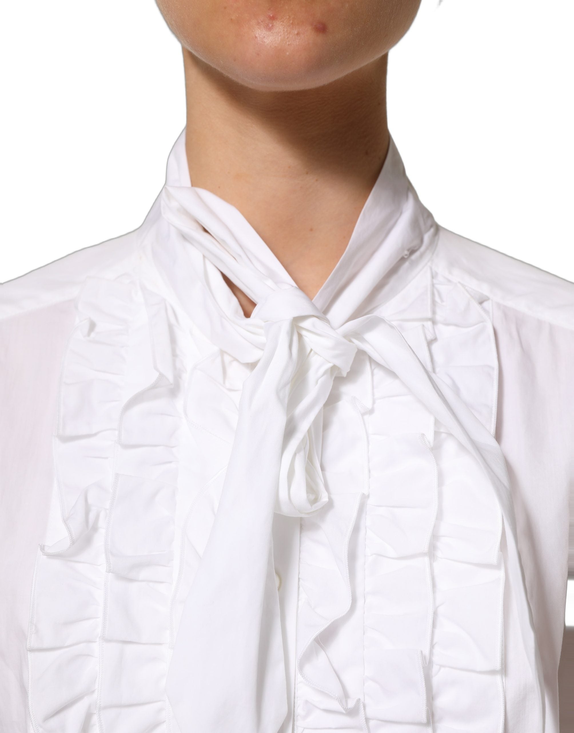 White Ruffled Bib Long Sleeves Blouse Top