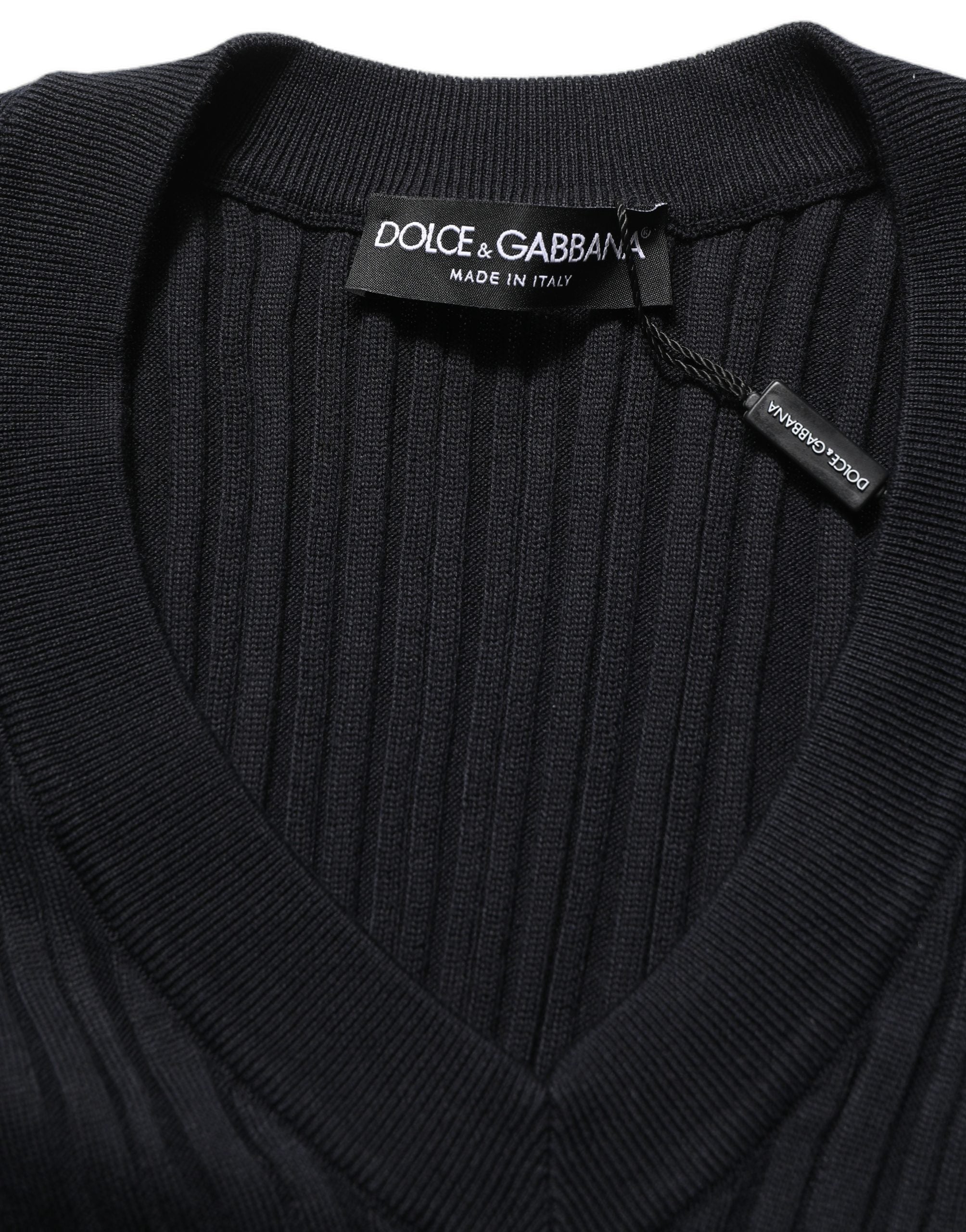 Black Silk Blend V-neck Pullover Men Sweater