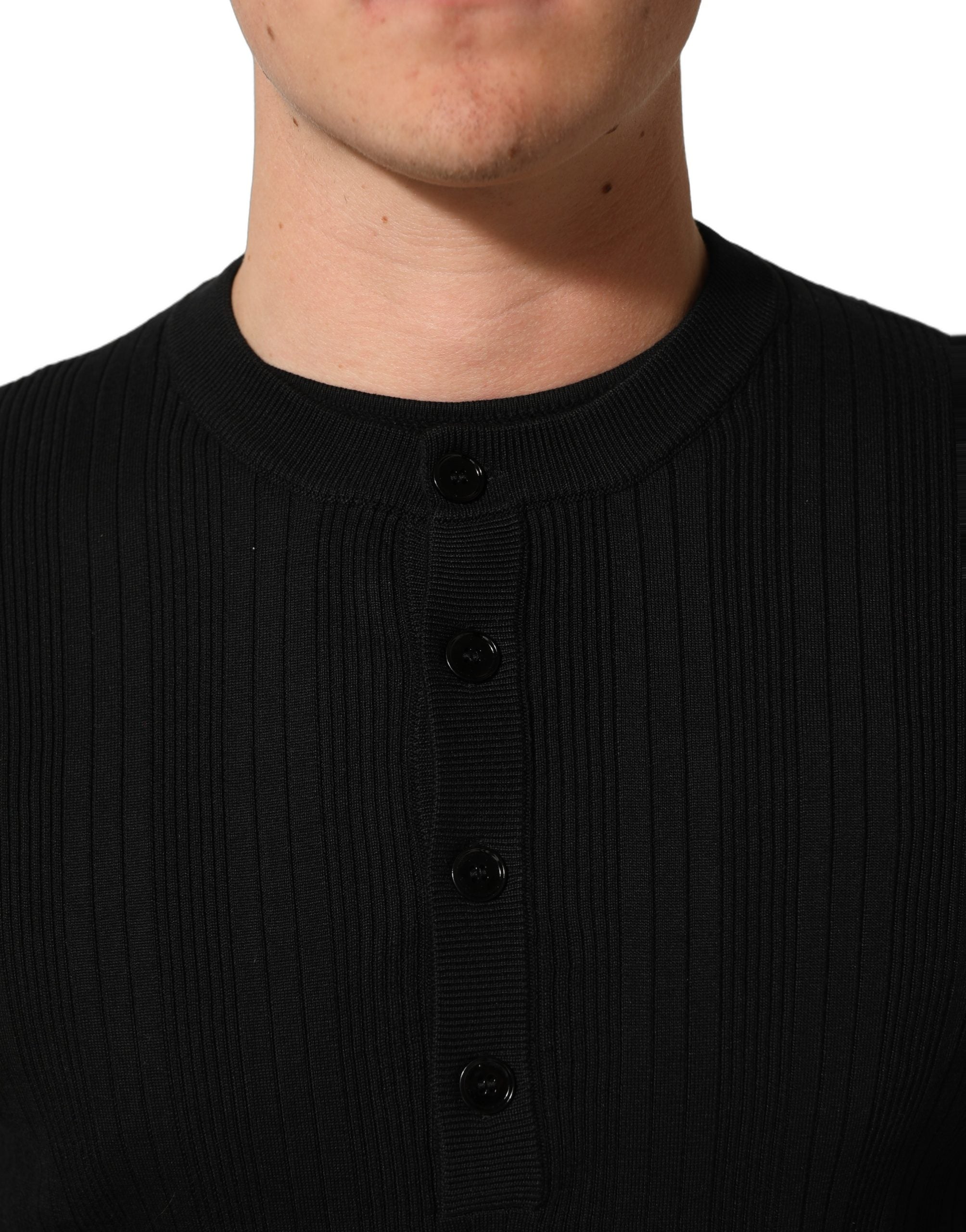 Black Silk Blend Henley Pullover Men Sweater