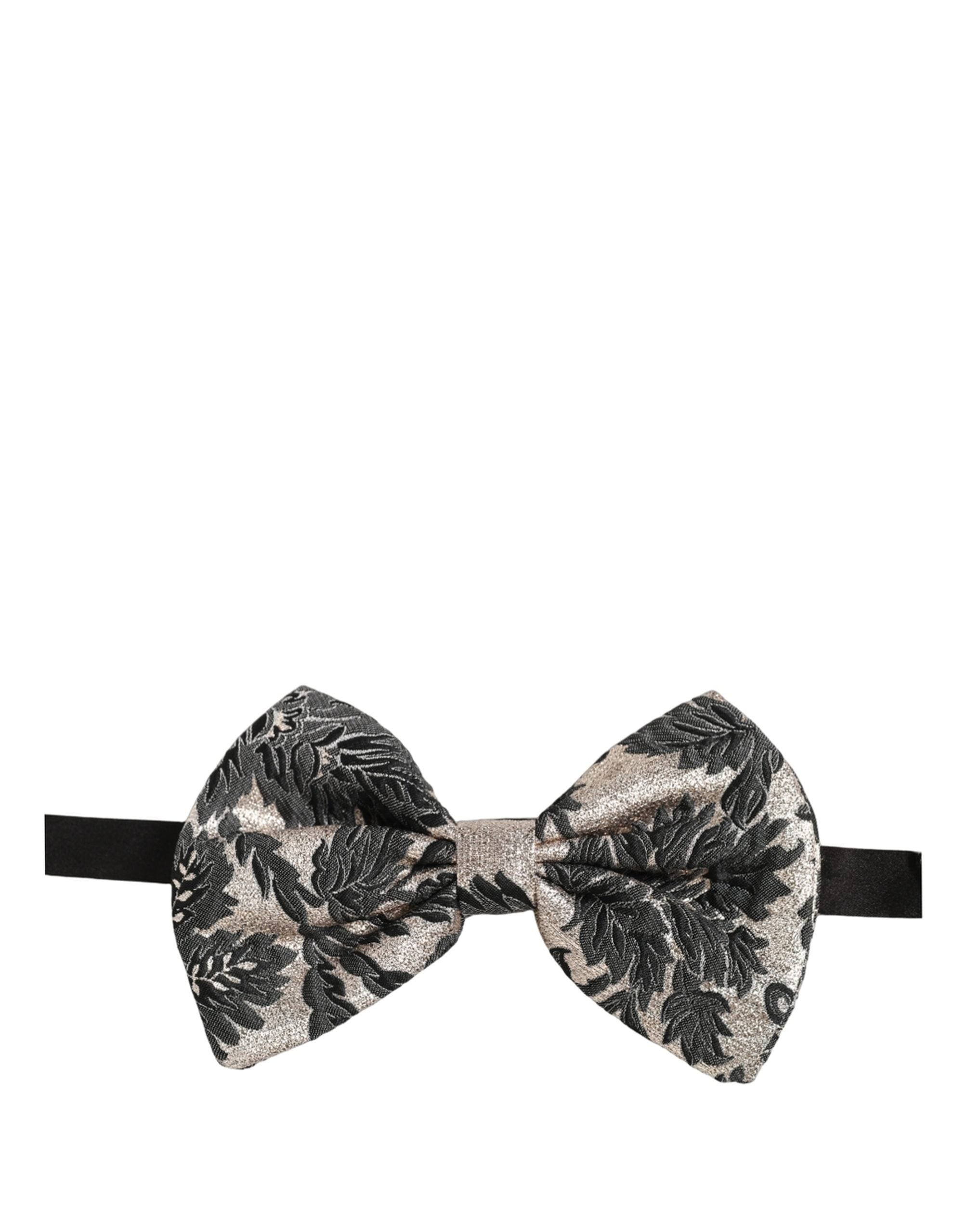 Men Black Silver Floral Adjustable Neck Papillon Bow Tie
