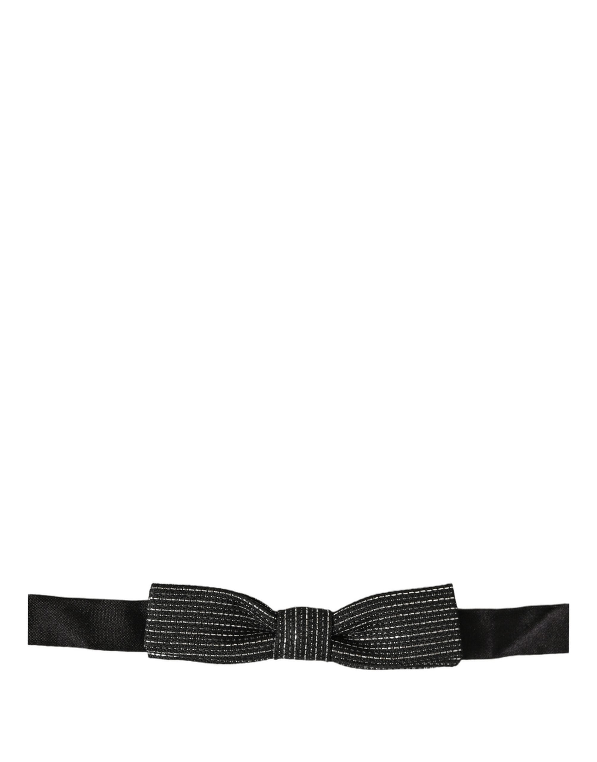 Men Black Silver Ribbed Adjustable Neck Papillon Bow Tie