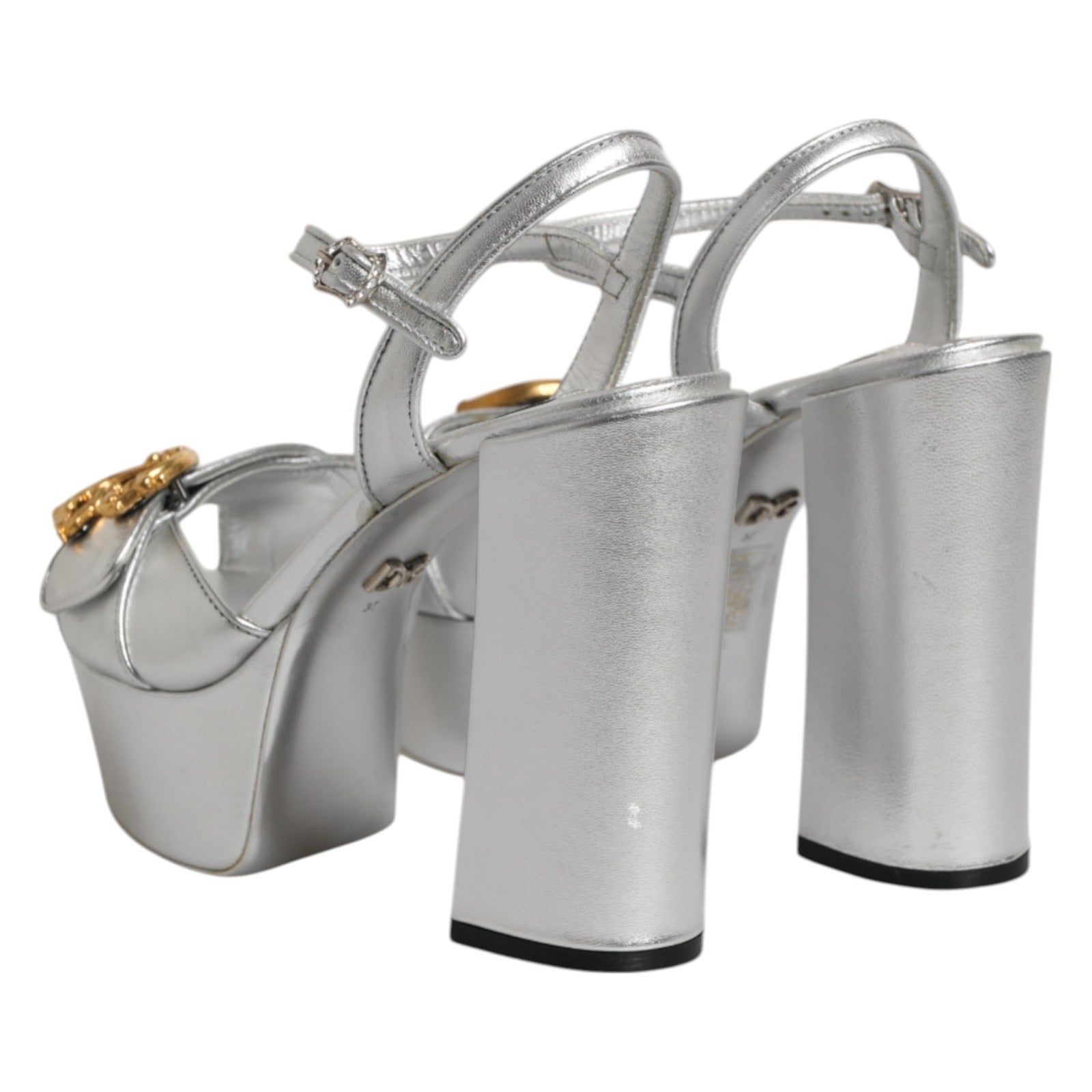 Silver Logo Ankle Strap Heels Sandals Shoes