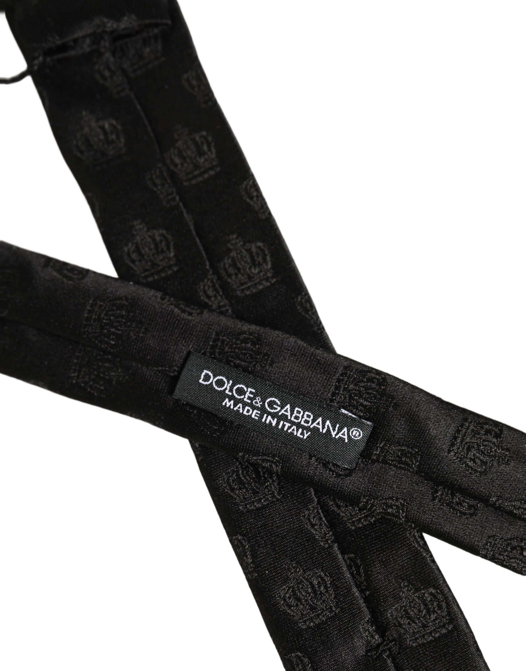 Men Black Crown Print Silk Adjustable Tied Necktie Tie