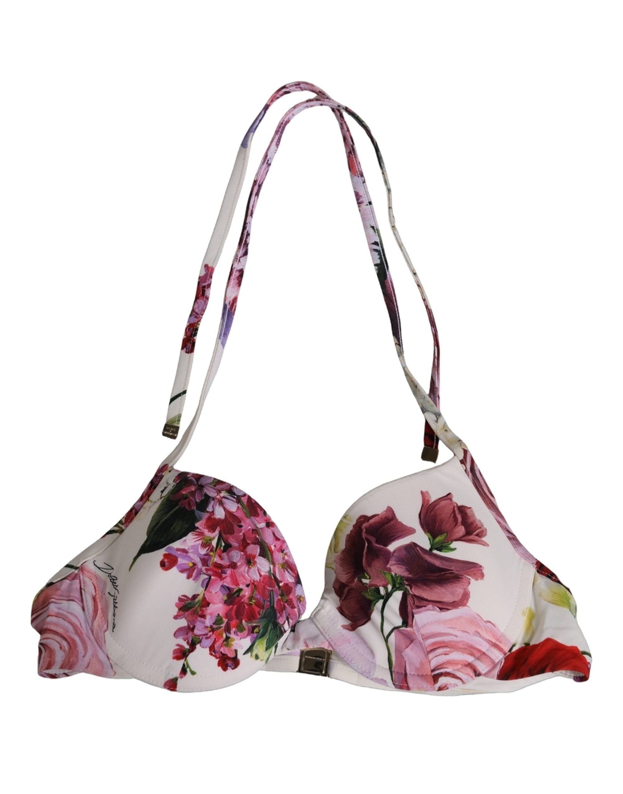 White Floral Print Nylon Beachwear Bikini Top