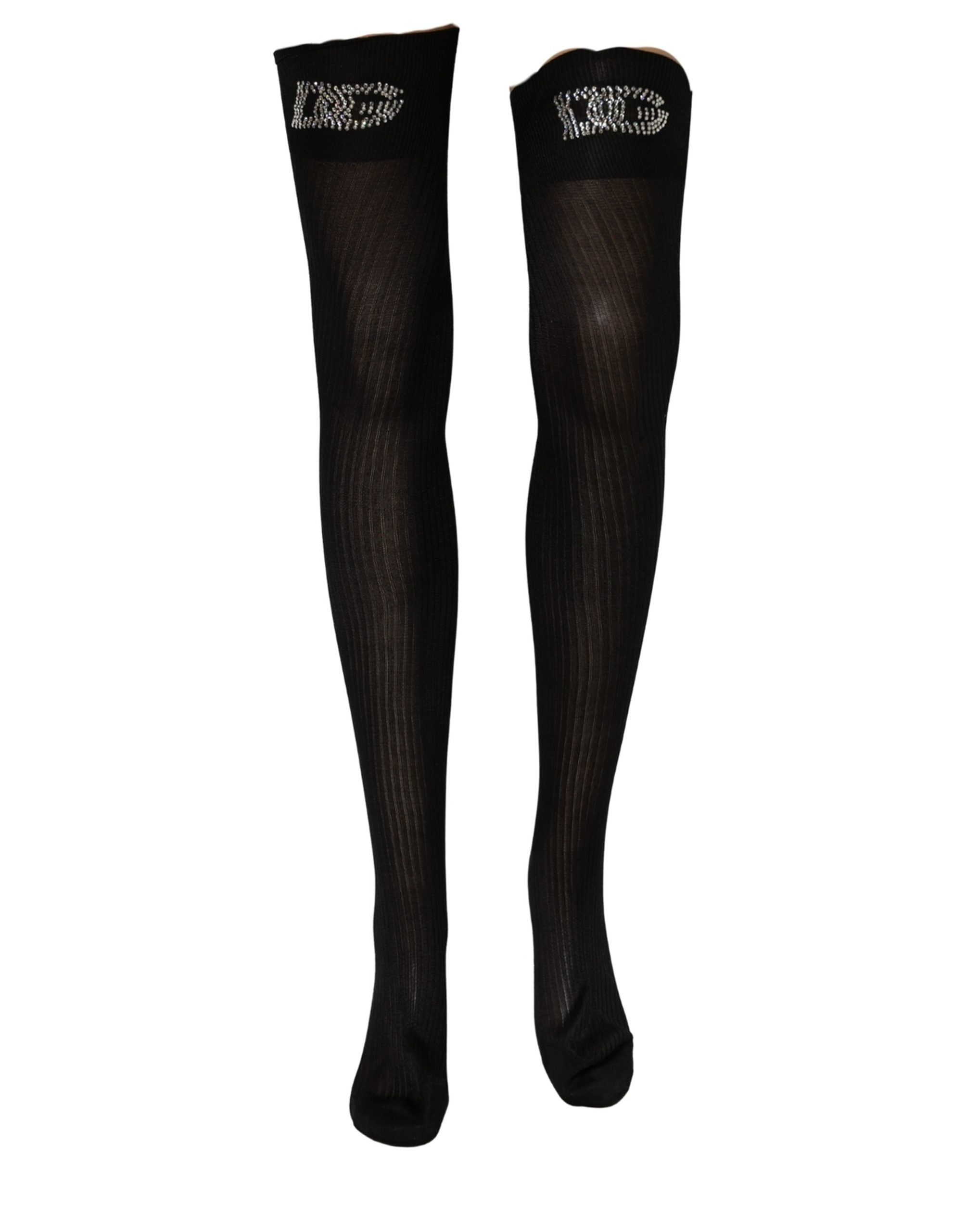 Black DG Logo Rhinestones Stretch Thigh High Socks