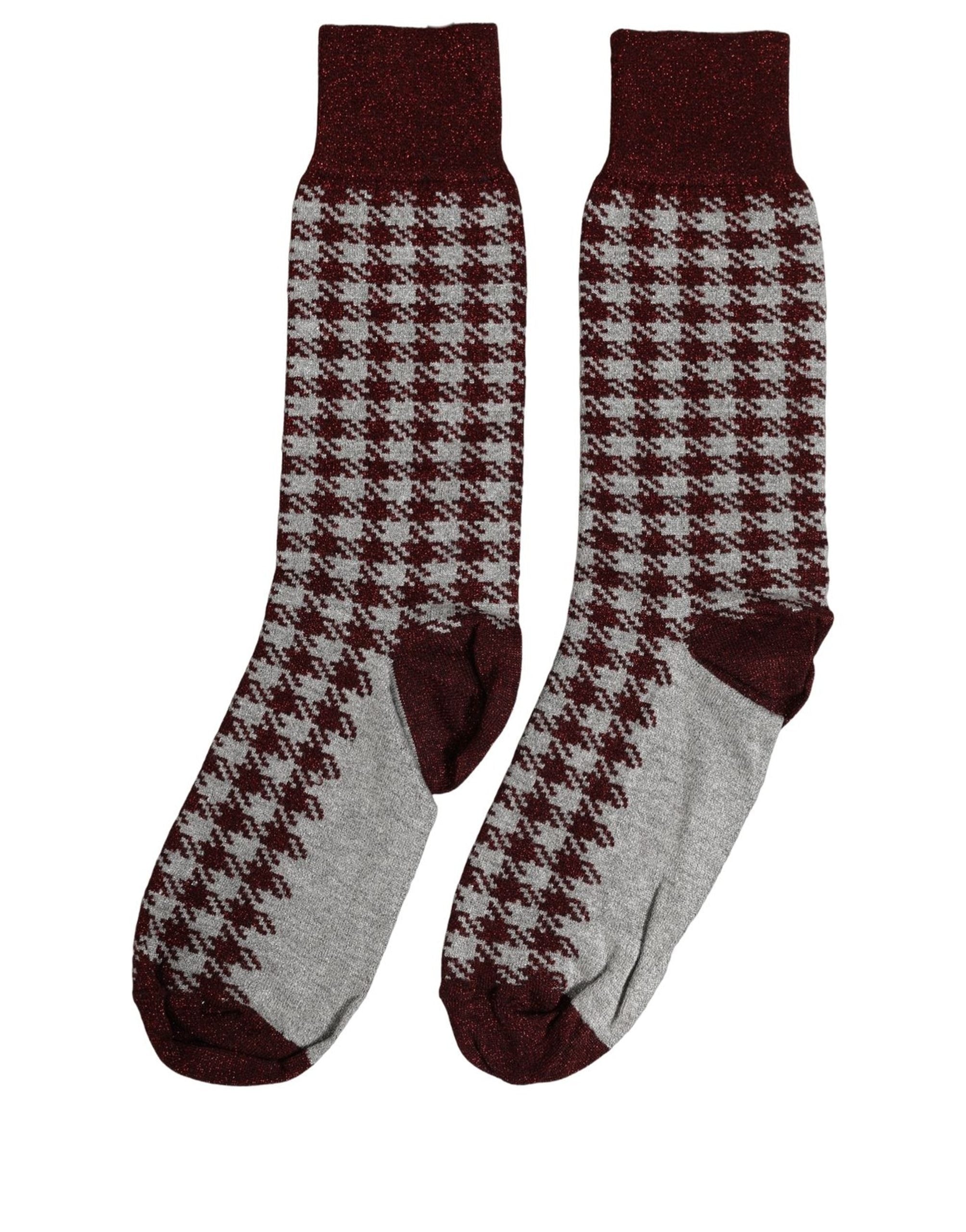 Maroon Gray Houndstooth Mid Calf Accessory Socks