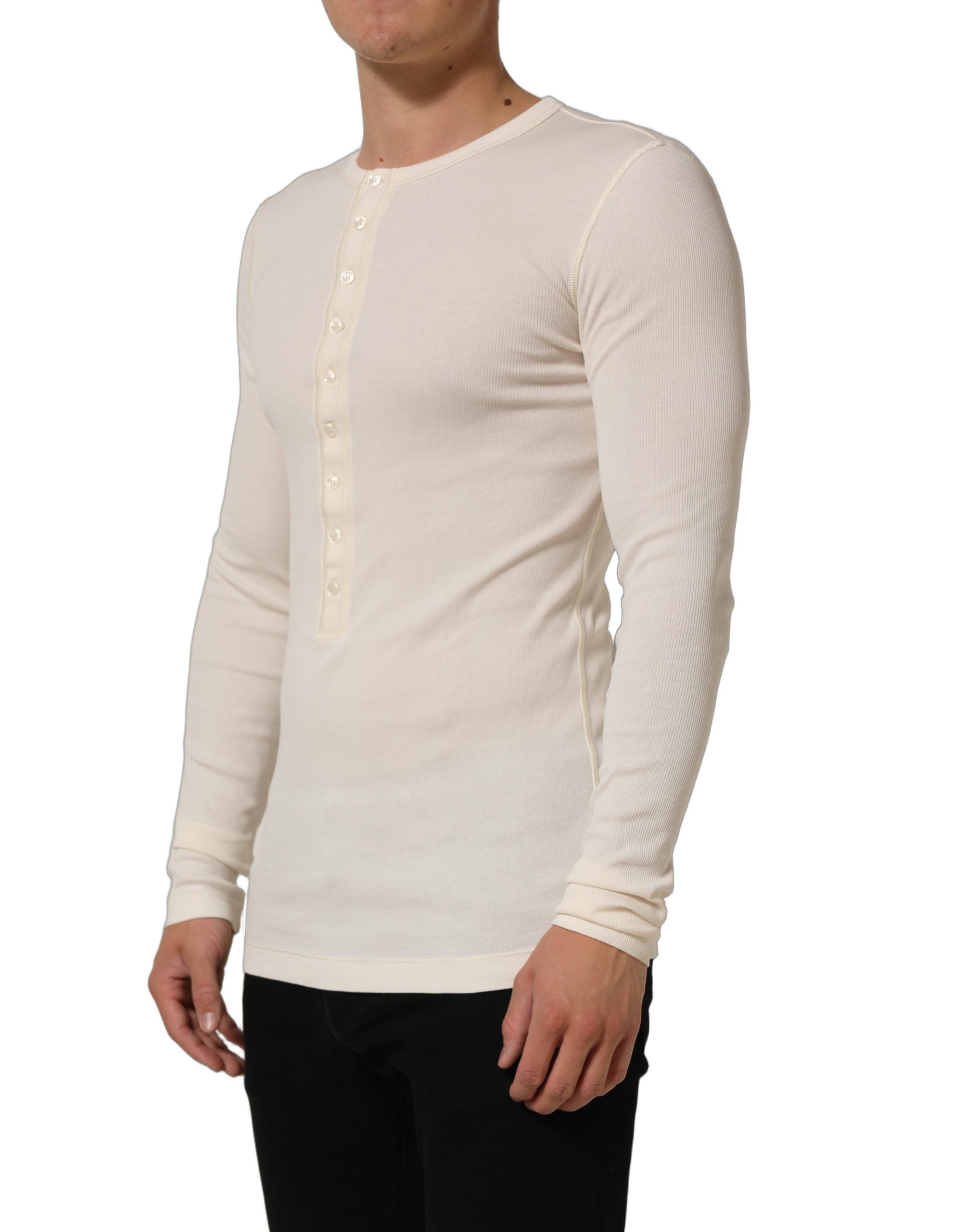 Off White Cotton Henley Long Sleeves T-shirt