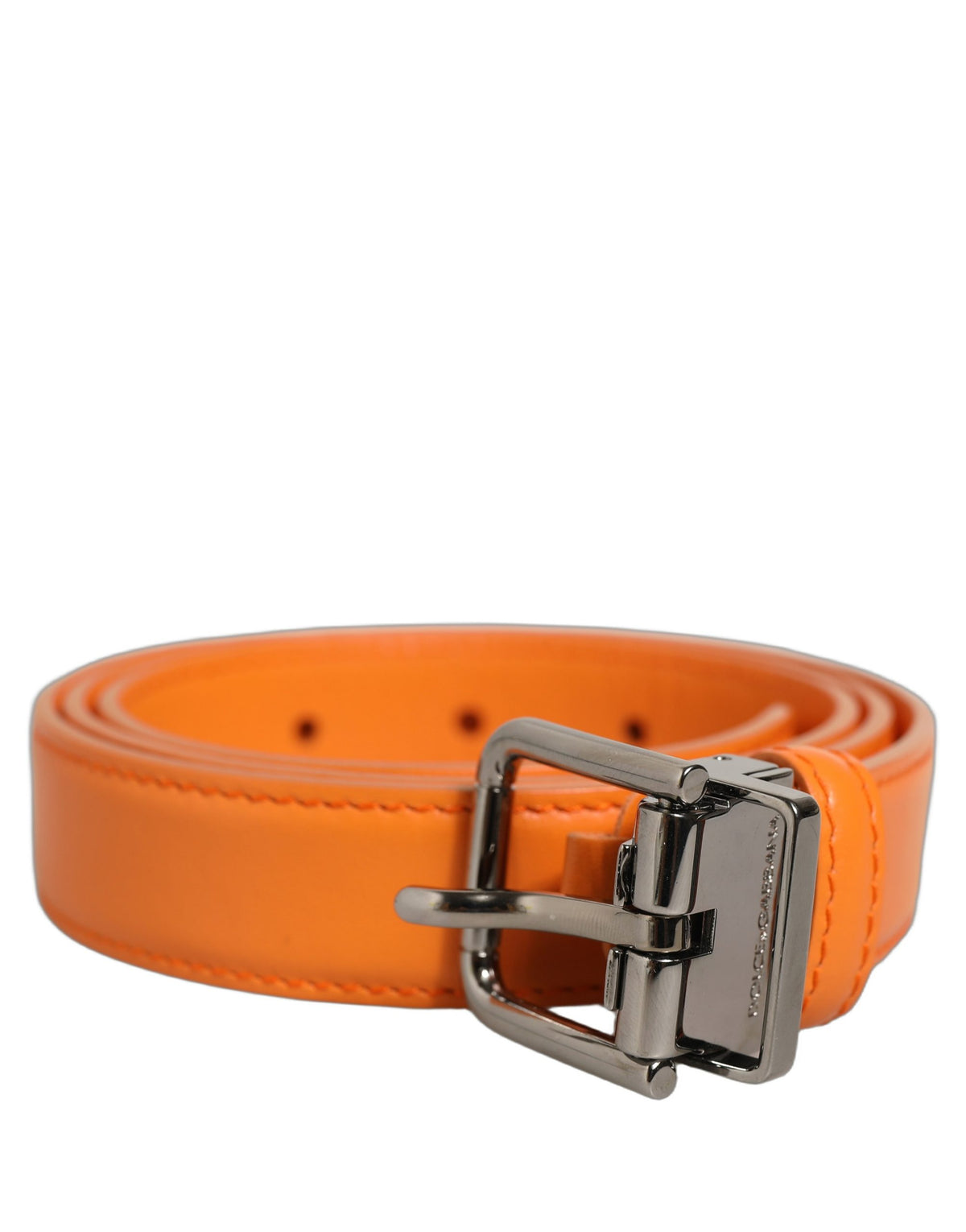 Orange Leather Silver Tone Metal Buckle Belt
