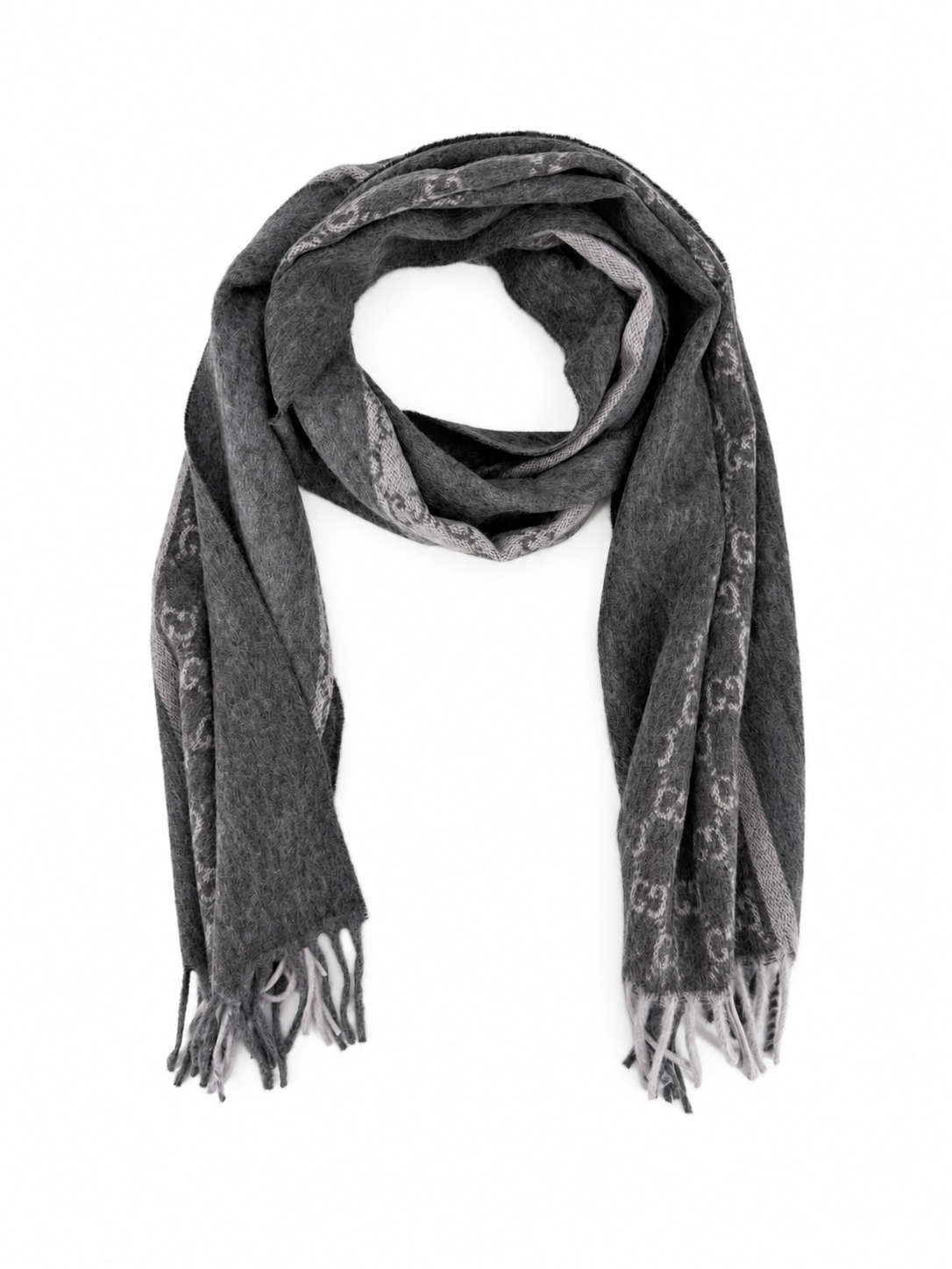 Monogram Charcoal Grey Cashmere & Wool Scarf with Fringe