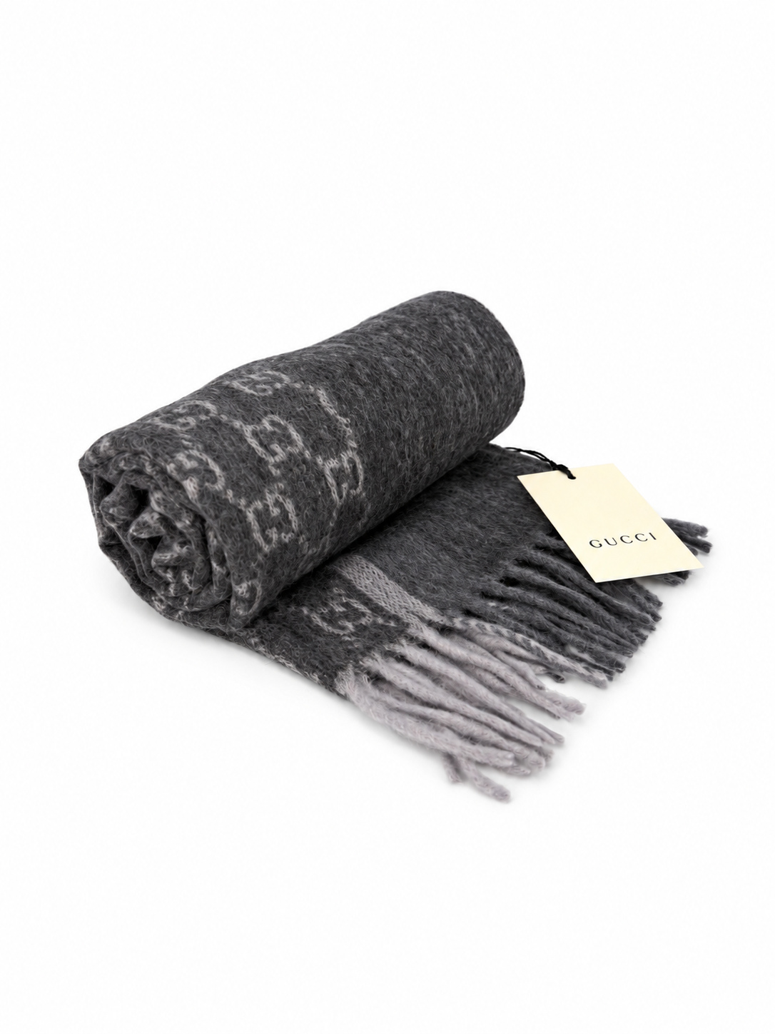 Monogram Charcoal Grey Cashmere & Wool Scarf with Fringe