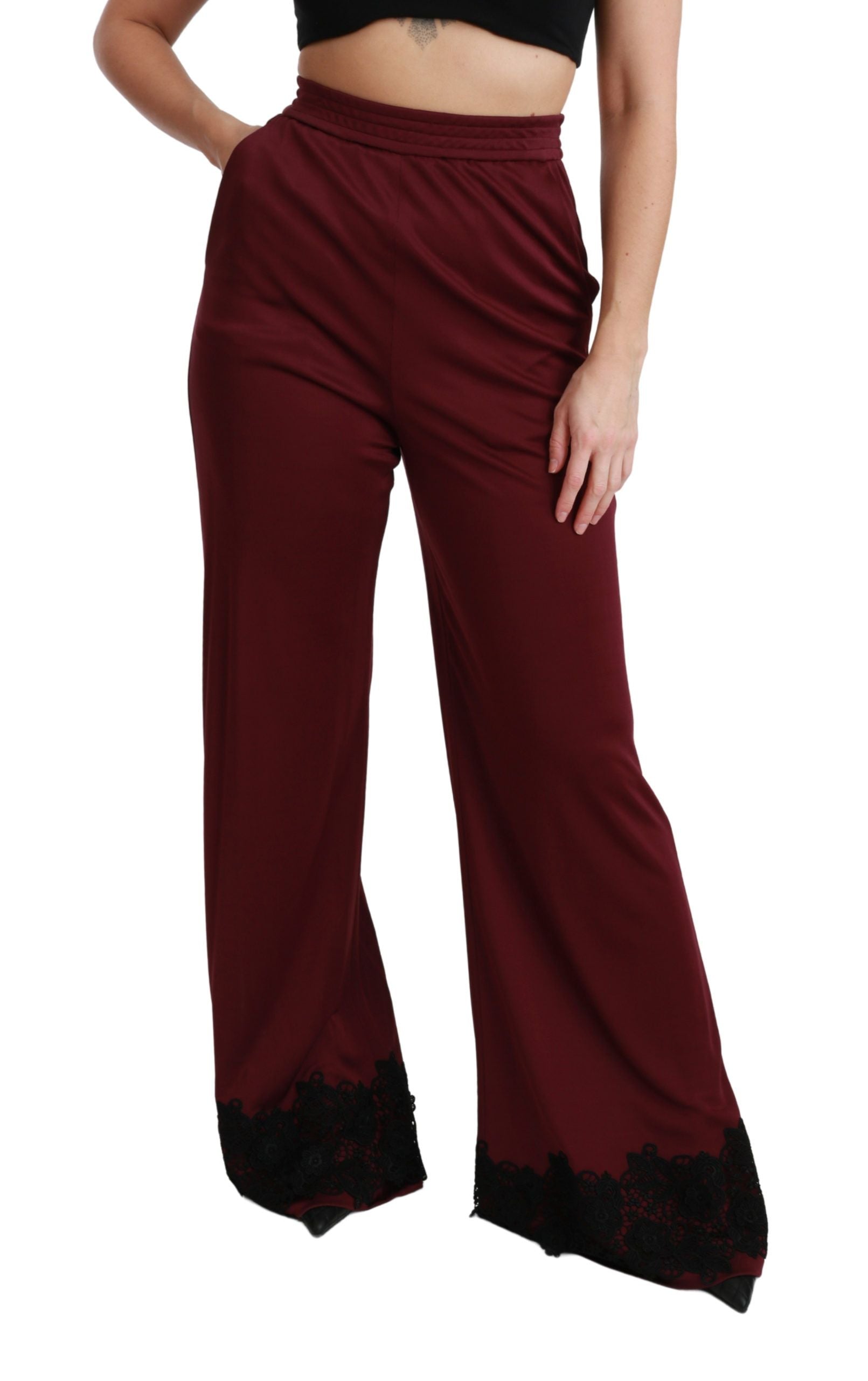 Black Lace High Waist Wide Leg Maroon Pants