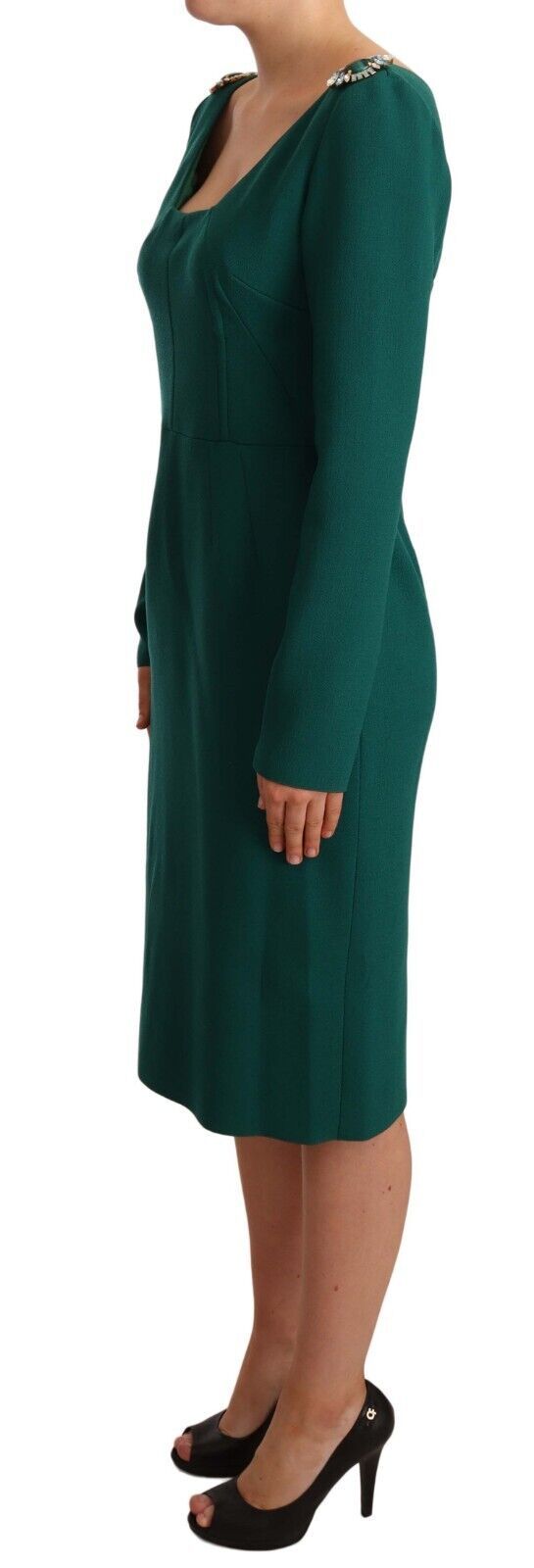 Green Stretch Crepe Crystal Midi Dress