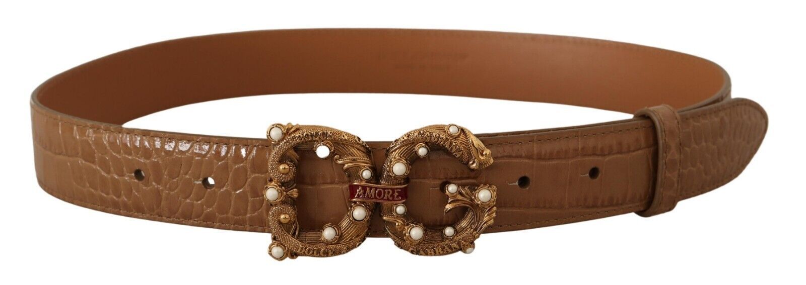 Brown Crocodile Pattern Leather Logo Amore Belt