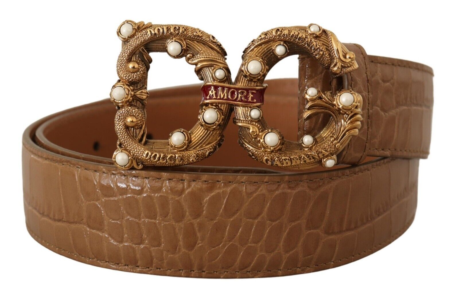 Brown Crocodile Pattern Leather Logo Amore Belt