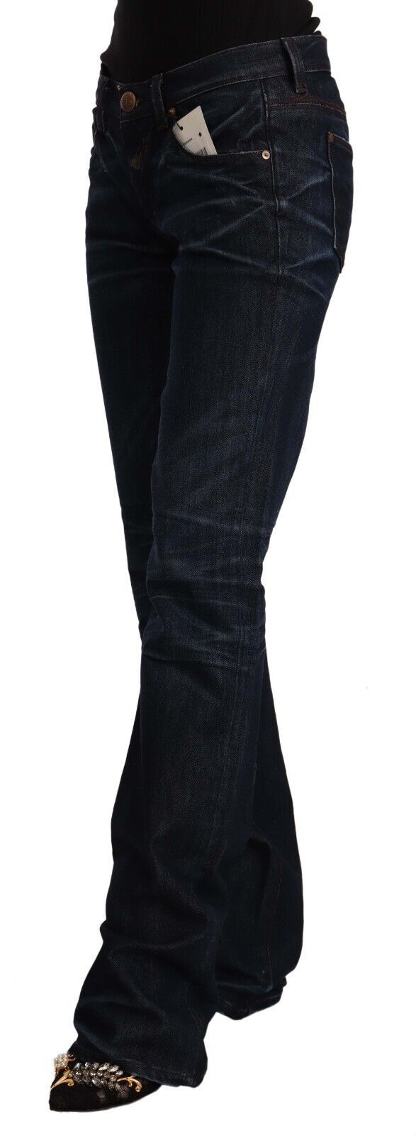 Dark Blue Mid Waist Cotton Denim Straight Jeans
