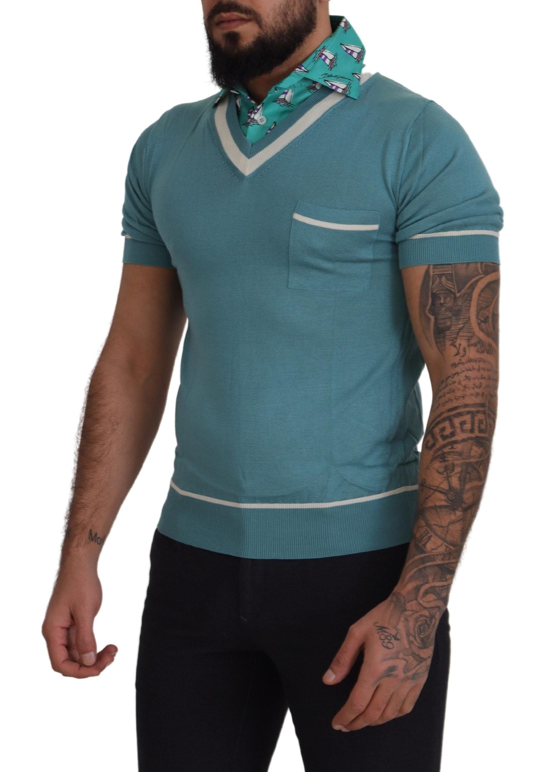 Blue Silk Polo Top Mens V-neck T-shirt
