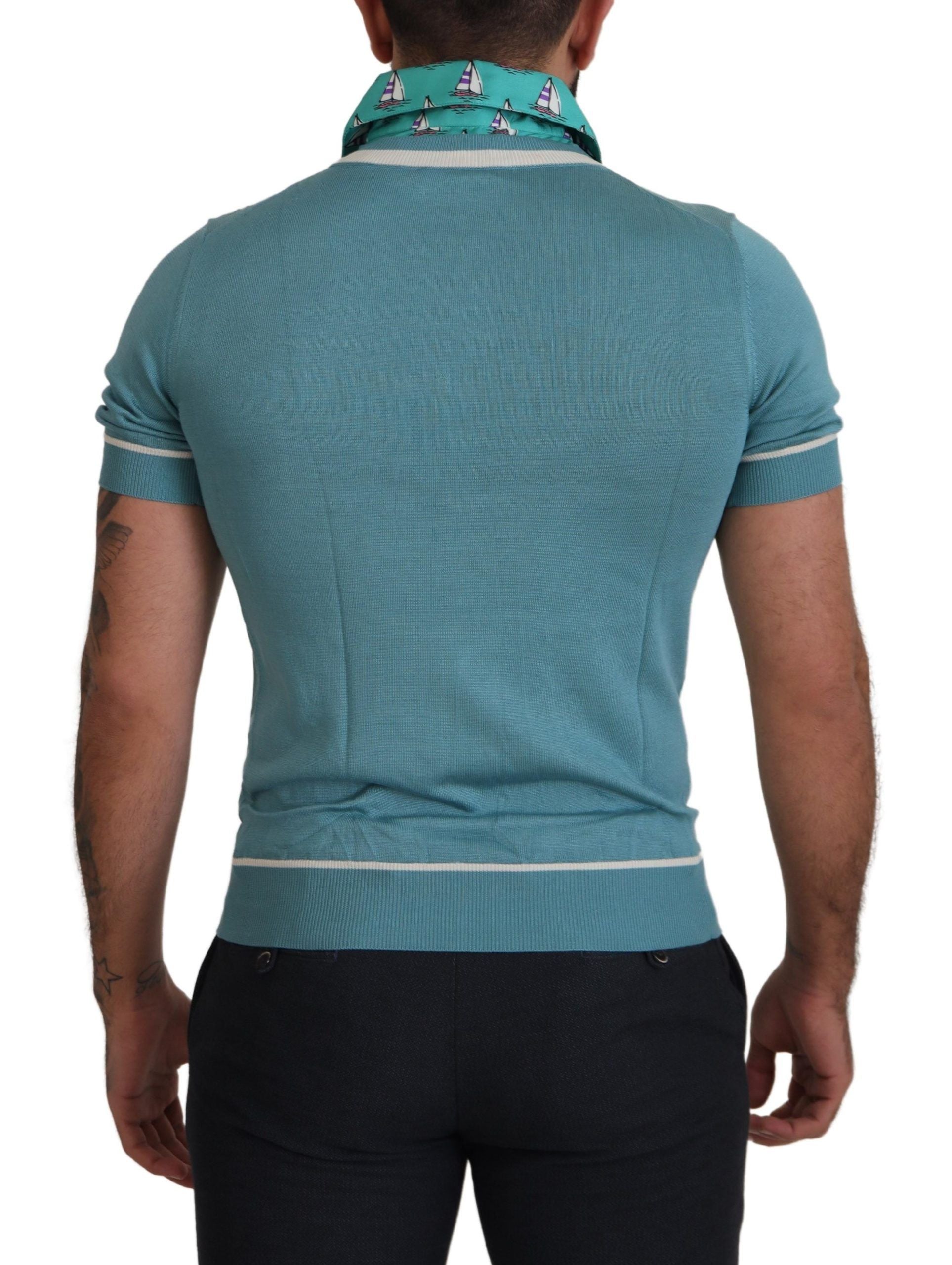 Blue Silk Polo Top Mens V-neck T-shirt