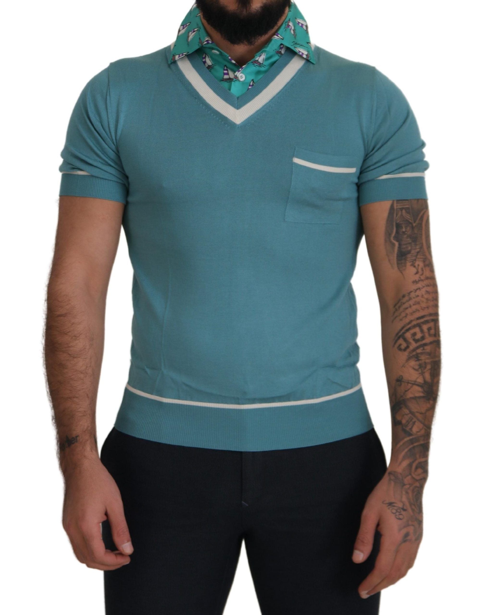 Blue Silk Polo Top Mens V-neck T-shirt