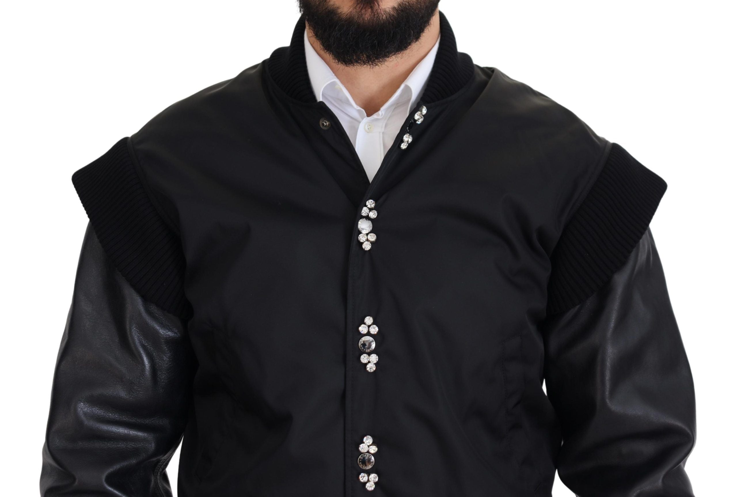 Black Nylon Crystals Coat Buttons Jacket