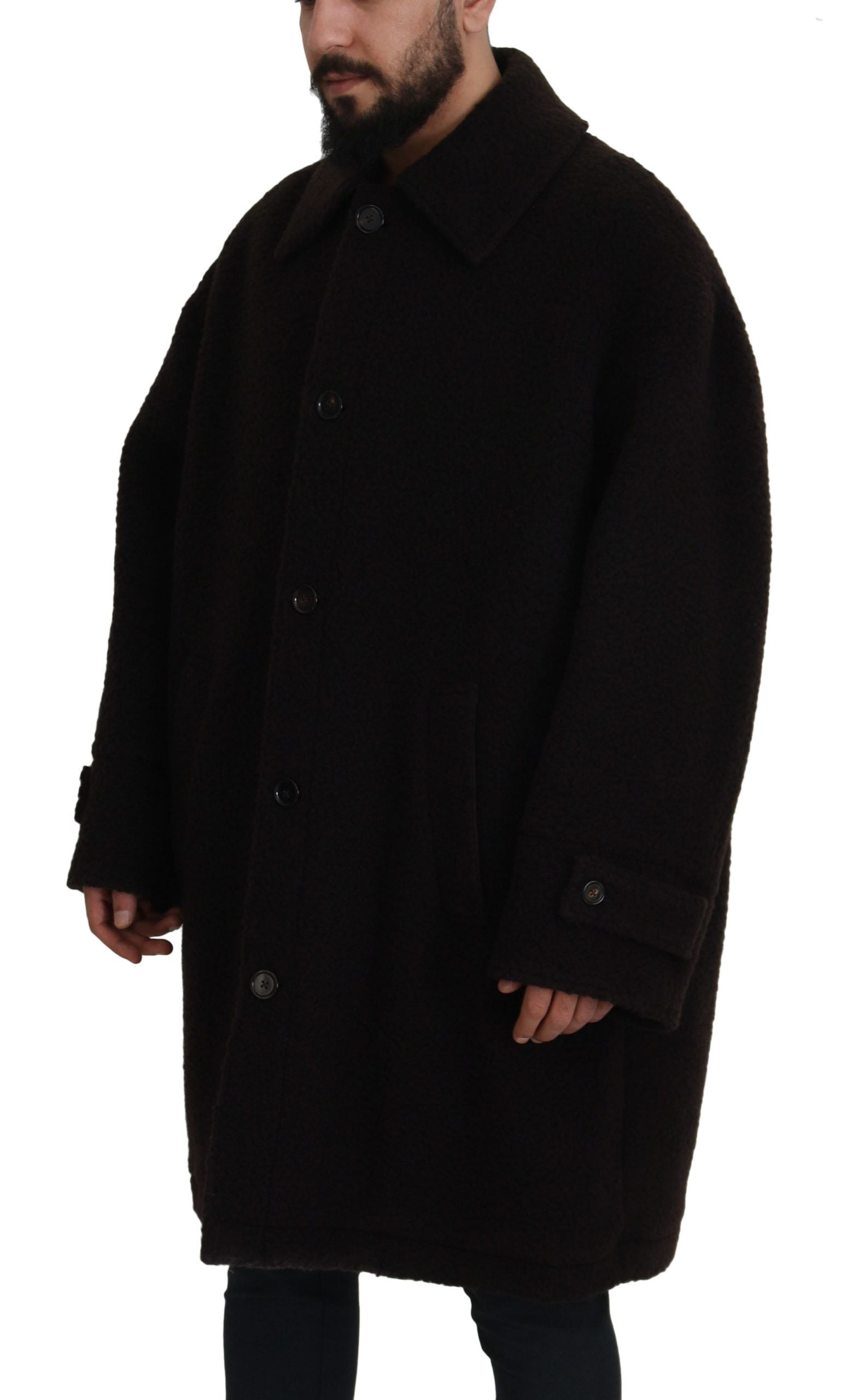 Black Alpaca Button Down Trench Coat Jacket