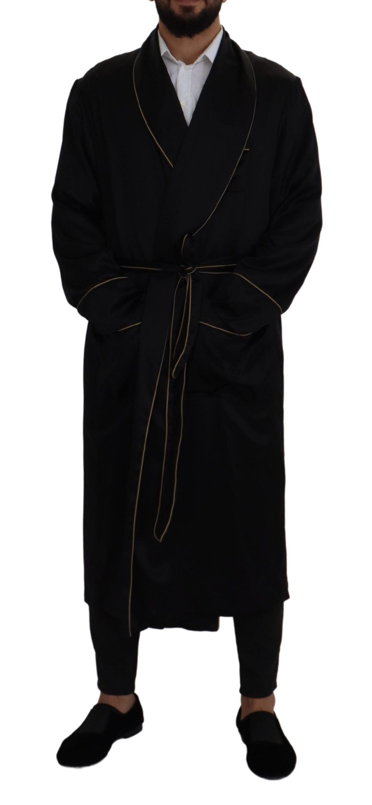 Black 100% Silk Robe Coat Wrap Jacket