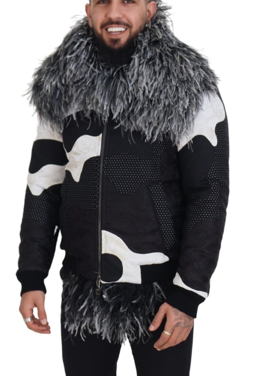 Black White Fur Shearling Full Zip Jacket