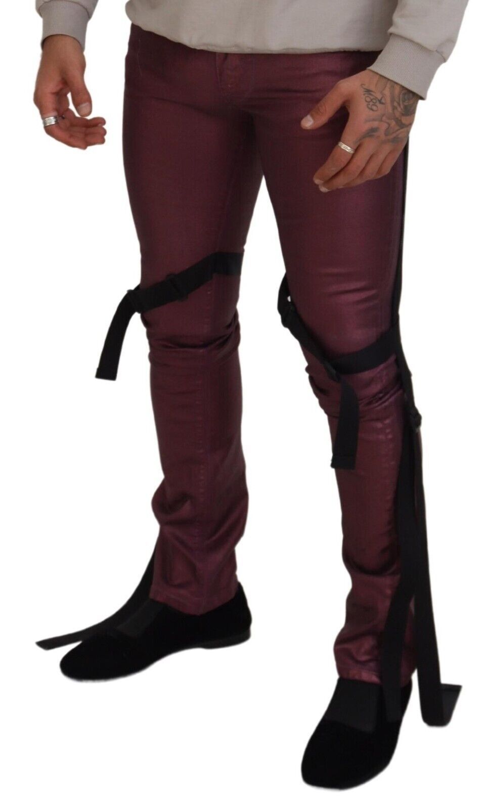 Magenta Cotton Men Casual Harness Denim Jeans