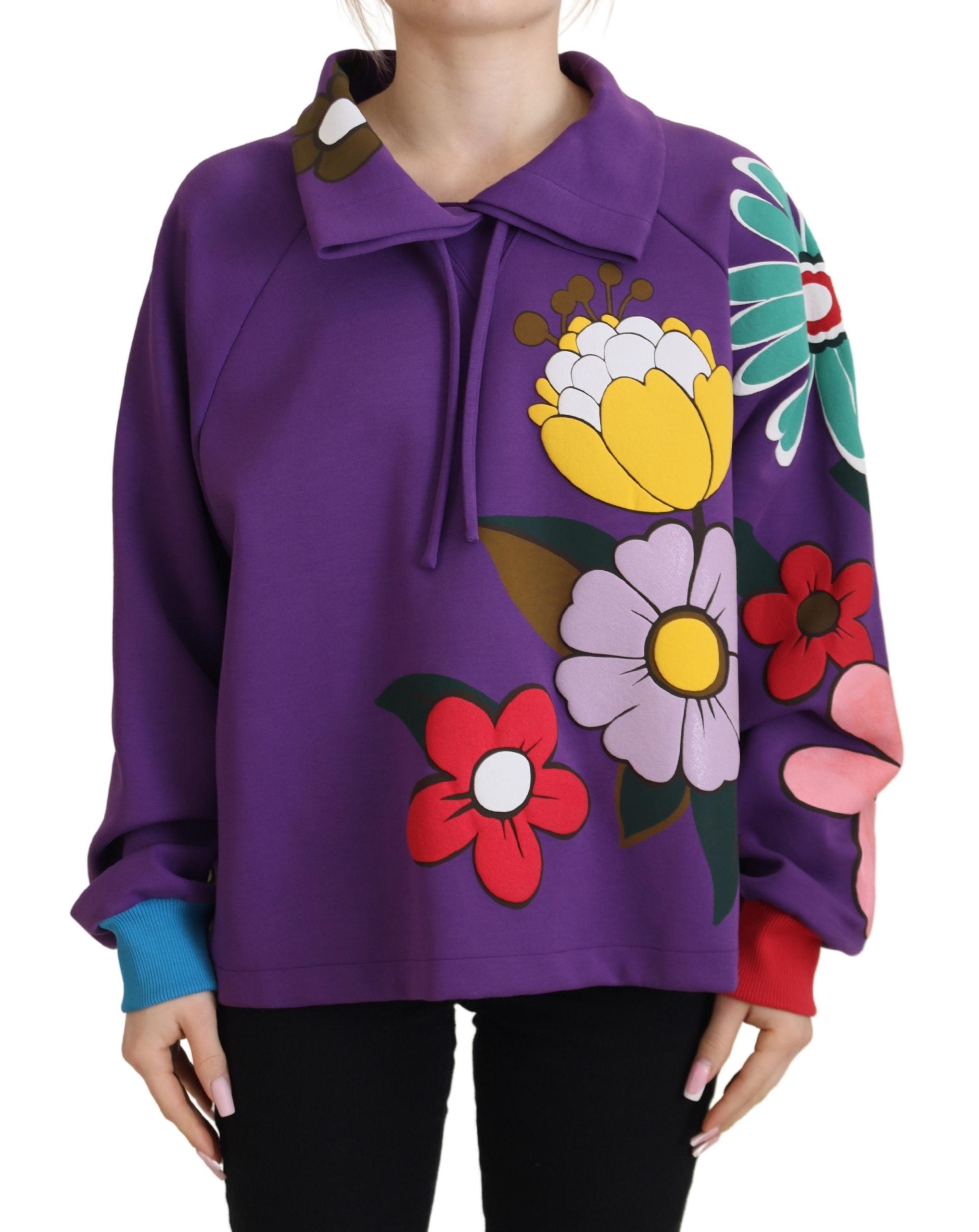 Purple Floral Print Pullover Cotton Sweater