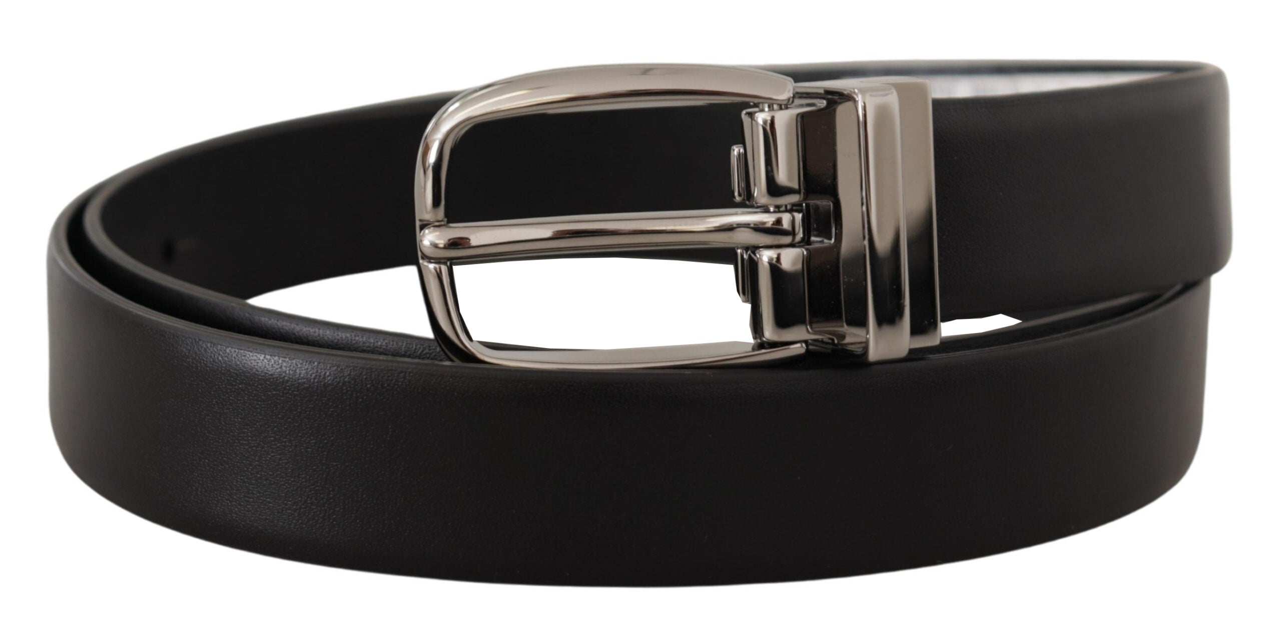 Black Leather Silver Metal Chrome Logo Buckle Belt