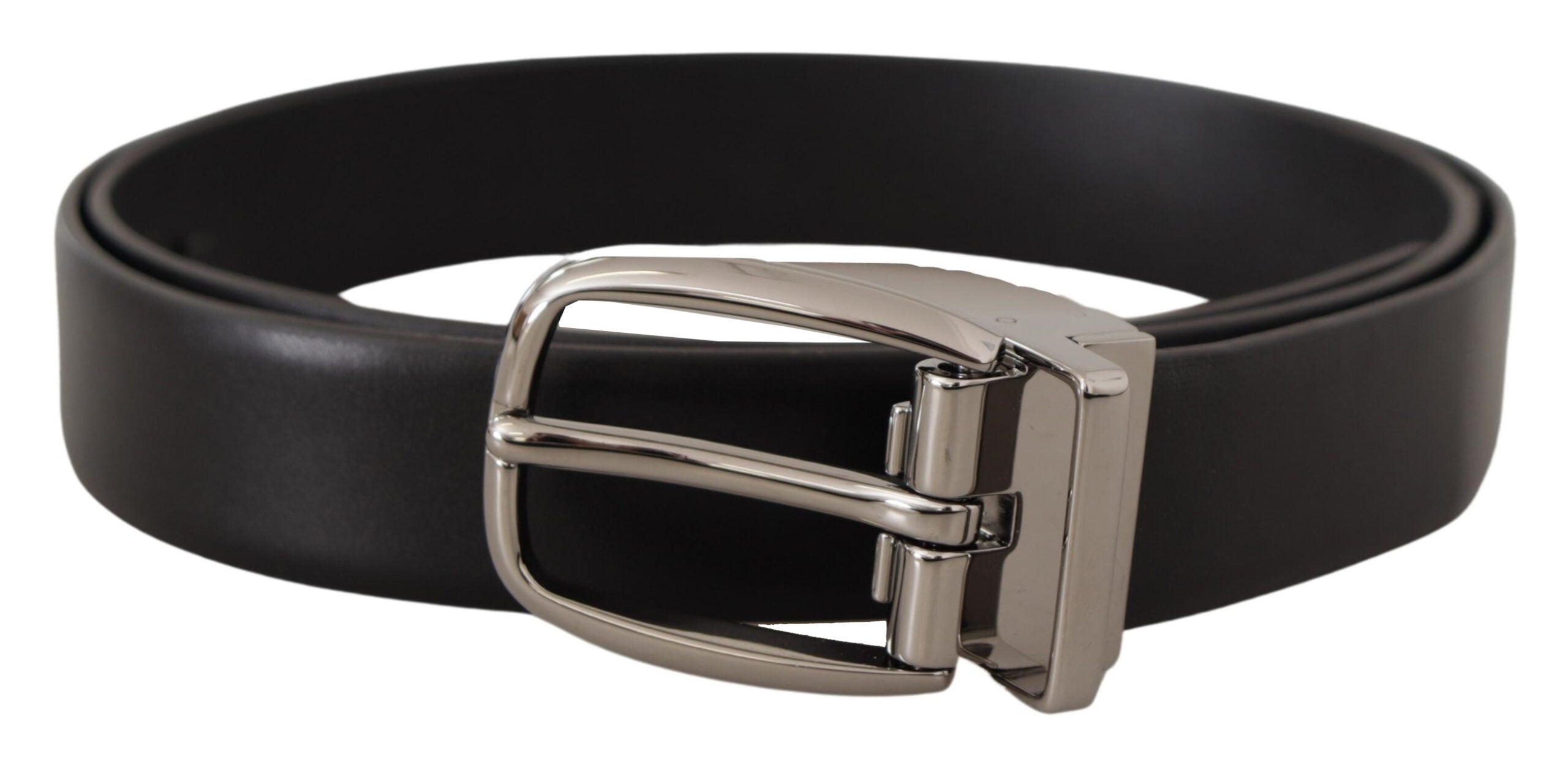 Black Leather Silver Metal Chrome Logo Buckle Belt