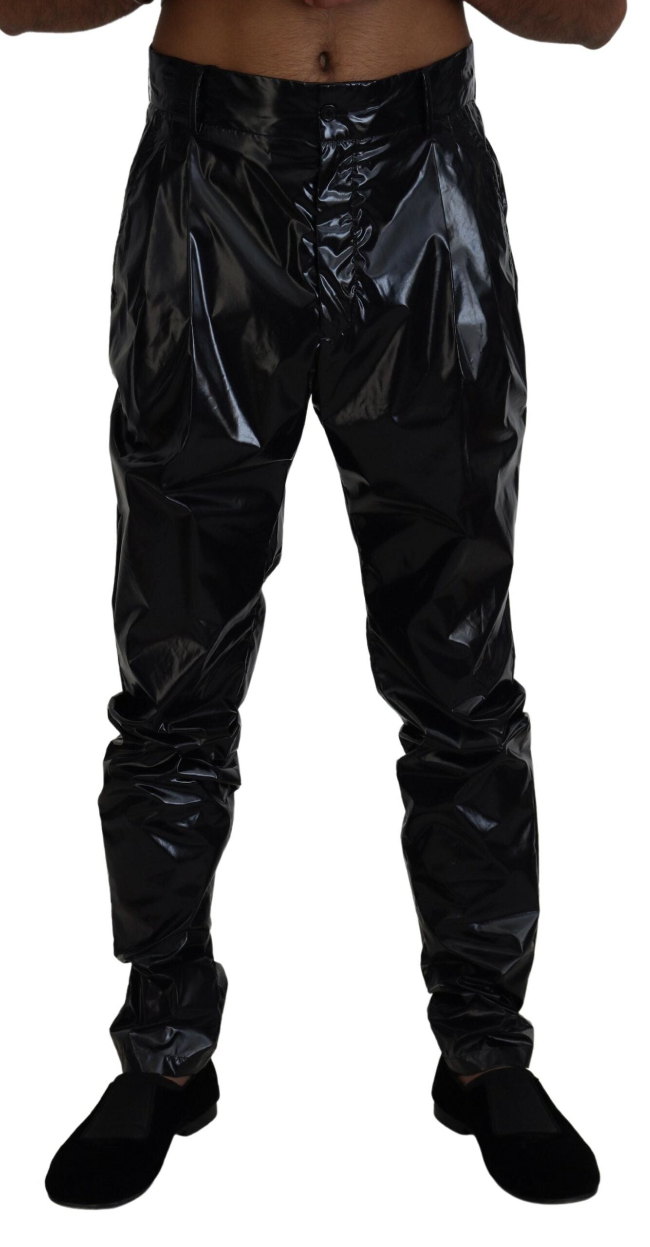 Black Shining Nylon Skinny Men Pants