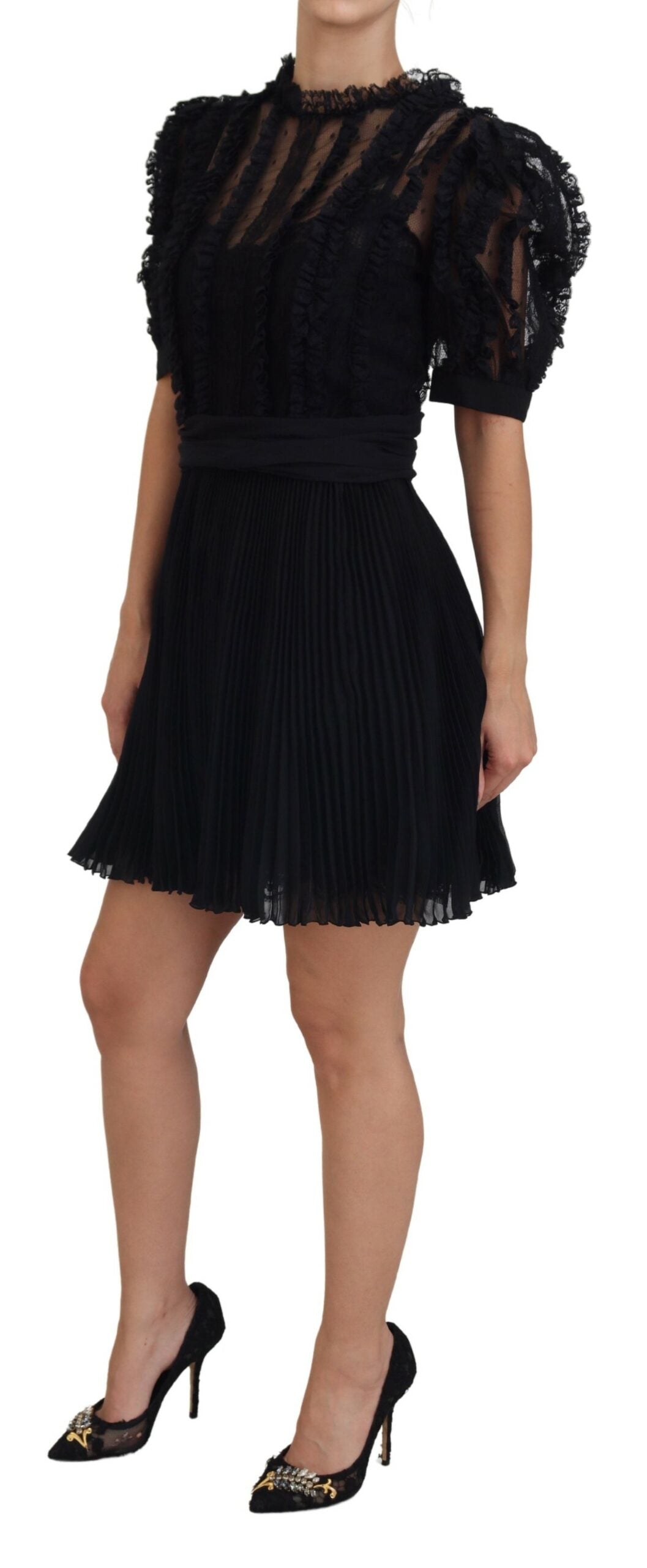 Black Lace Trim A-line Mini Nylon Dress