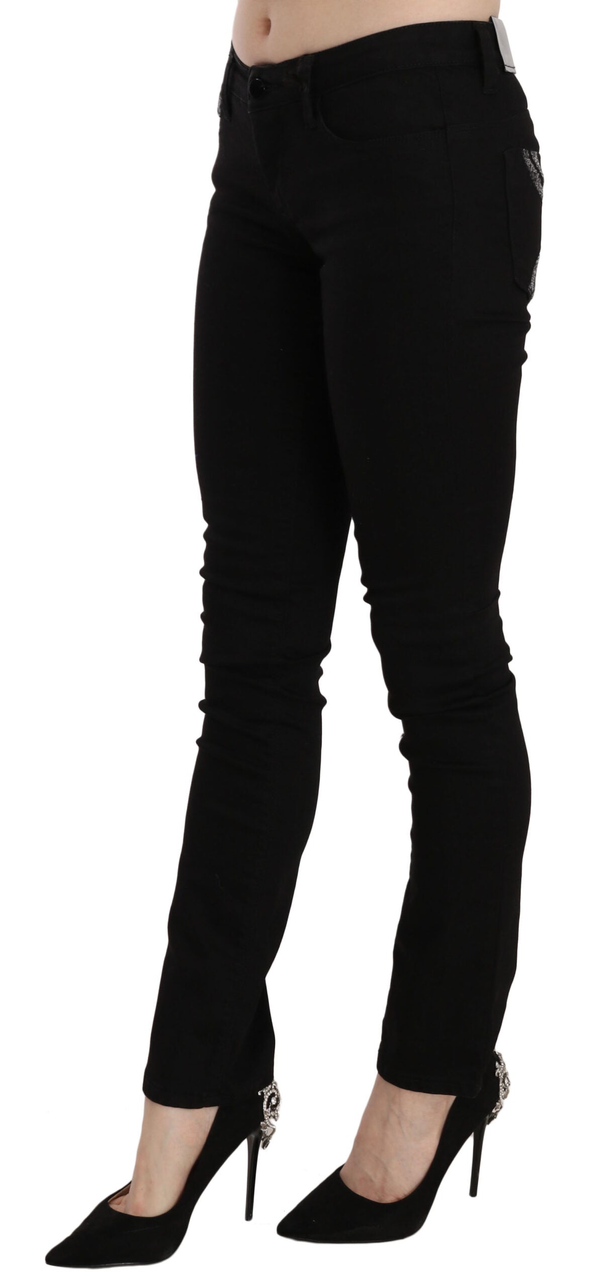 Black Sequined Mid Waist Slim Fit Denim Jeans