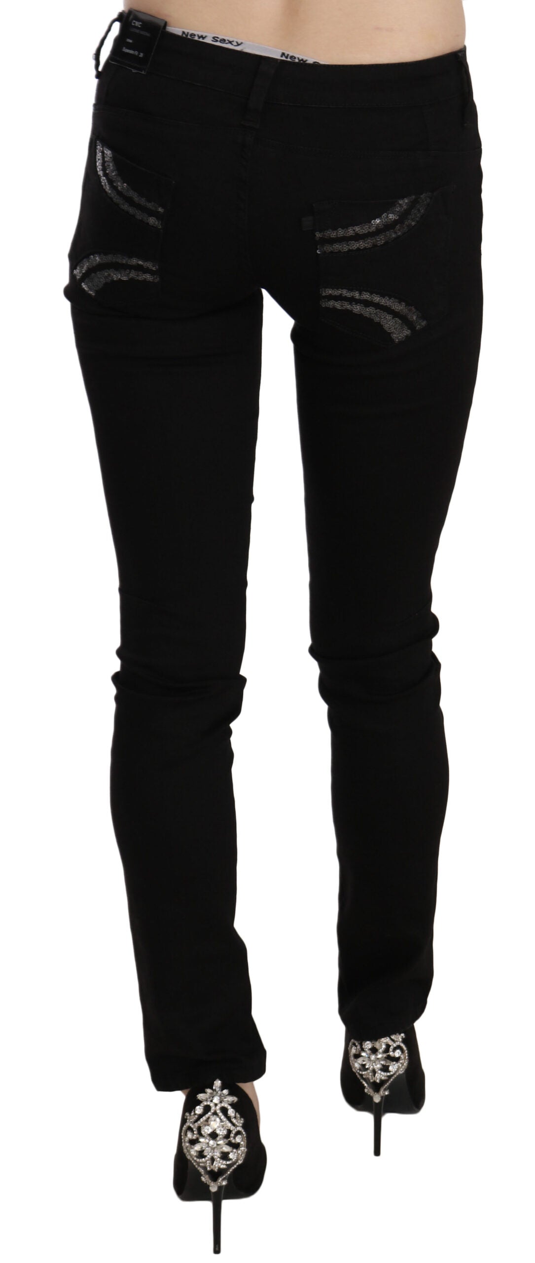 Black Sequined Mid Waist Slim Fit Denim Jeans