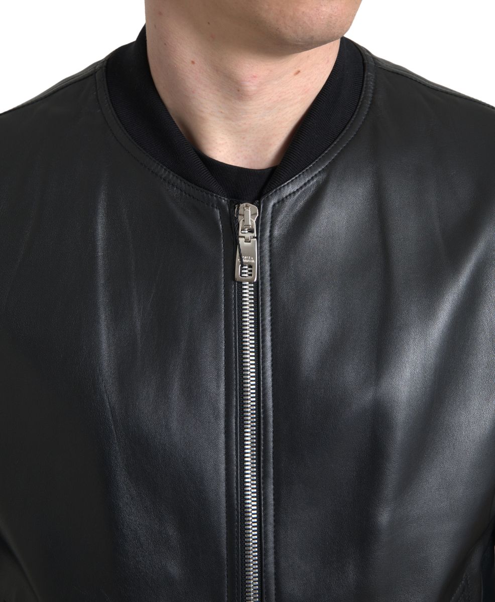 Black Leather Full Zip Bomber Men Jacket