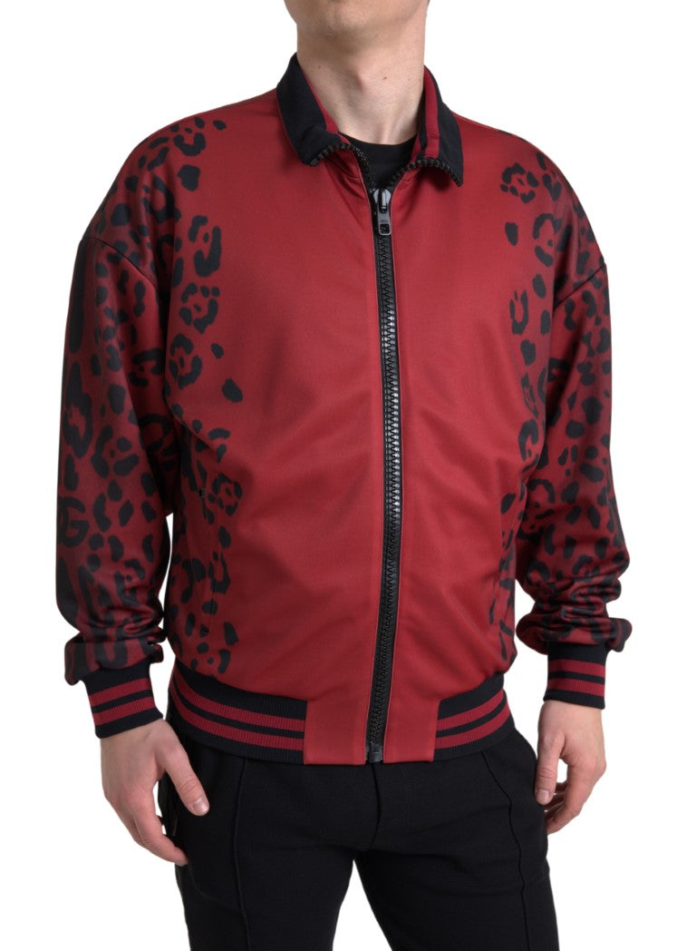 Red Leopard Polyester Bomber Full Zip Jacket