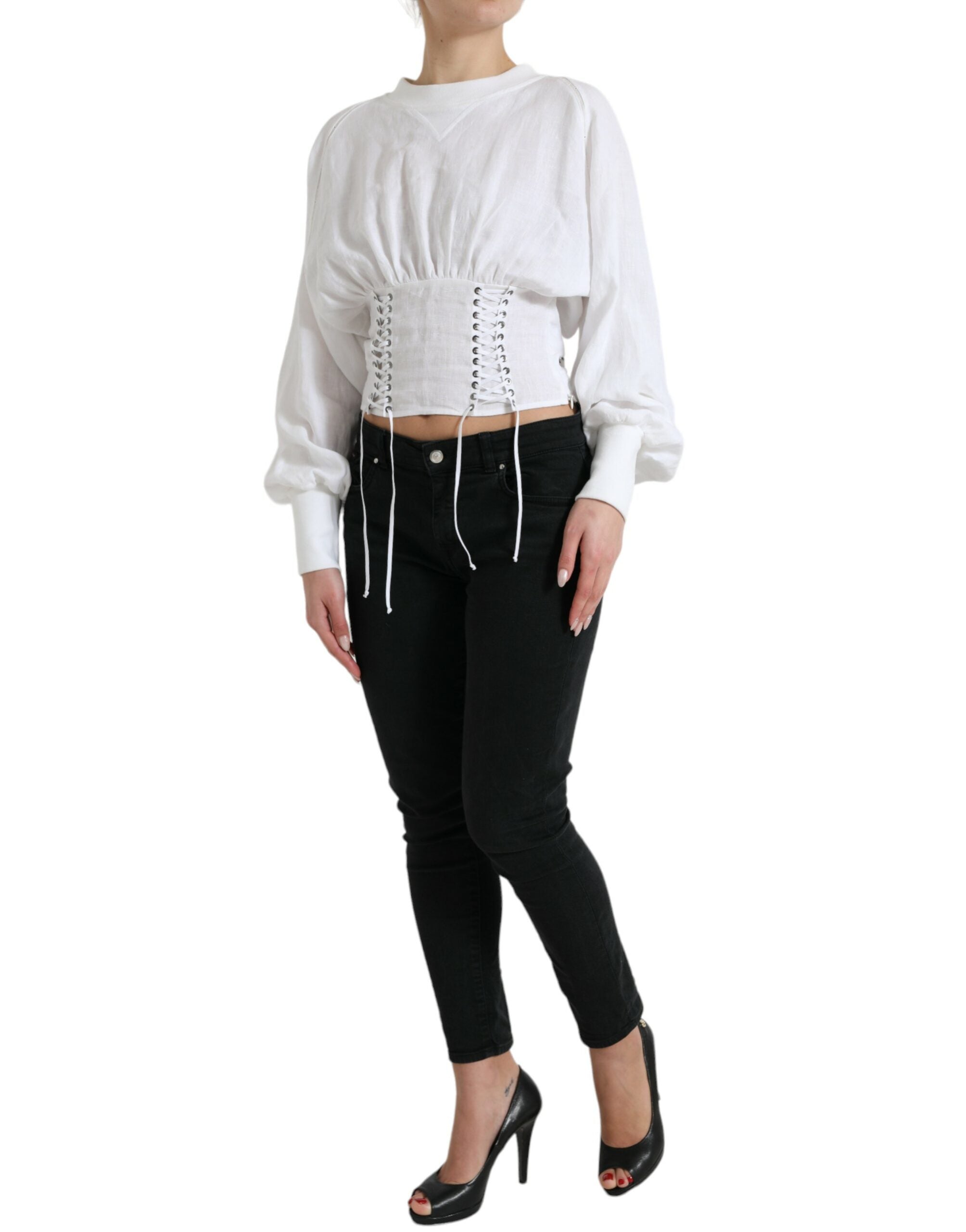 White Cotton Corset Cropped Long Sleeves Topclothing