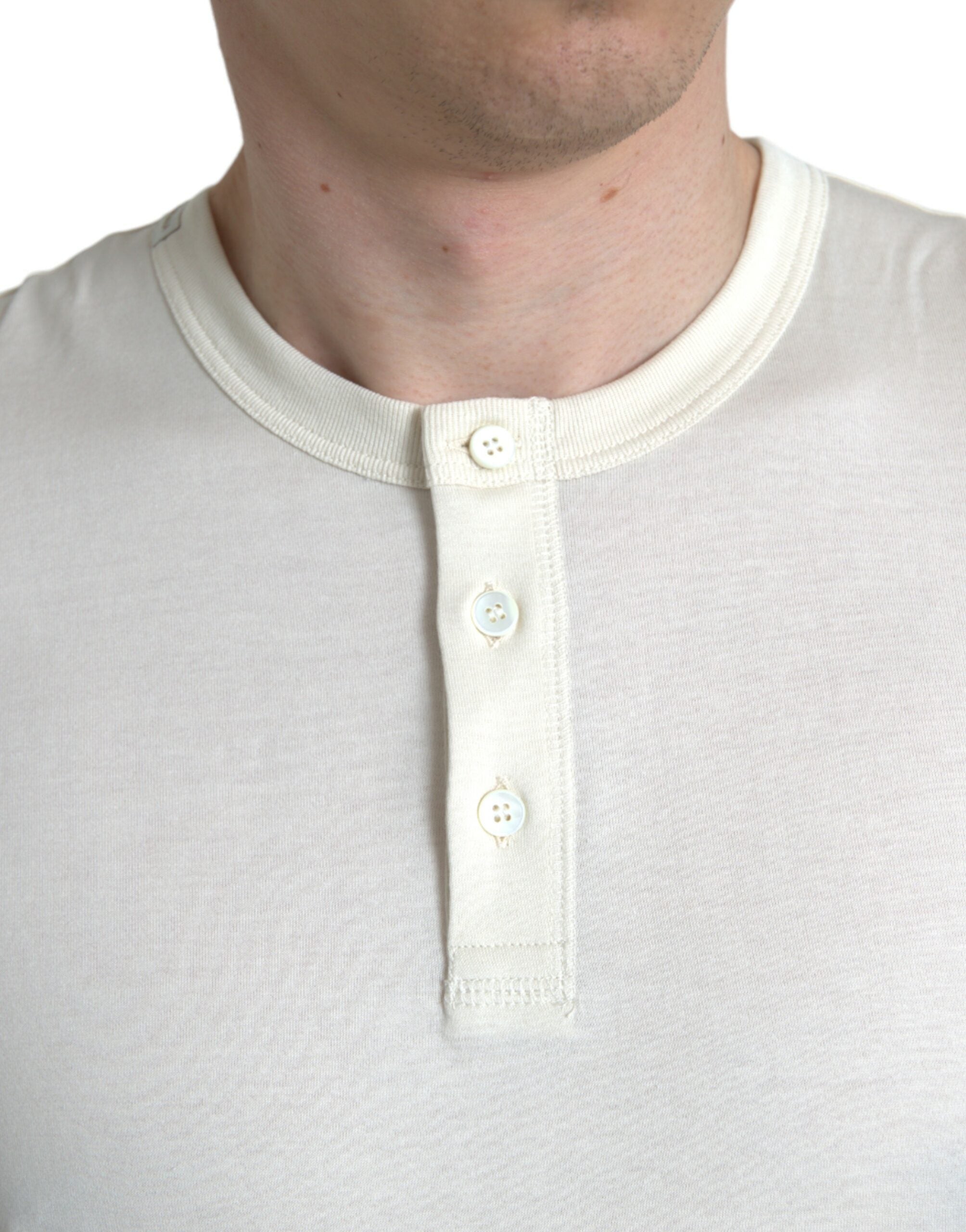 Off White Cotton Henley Pullover Sweater