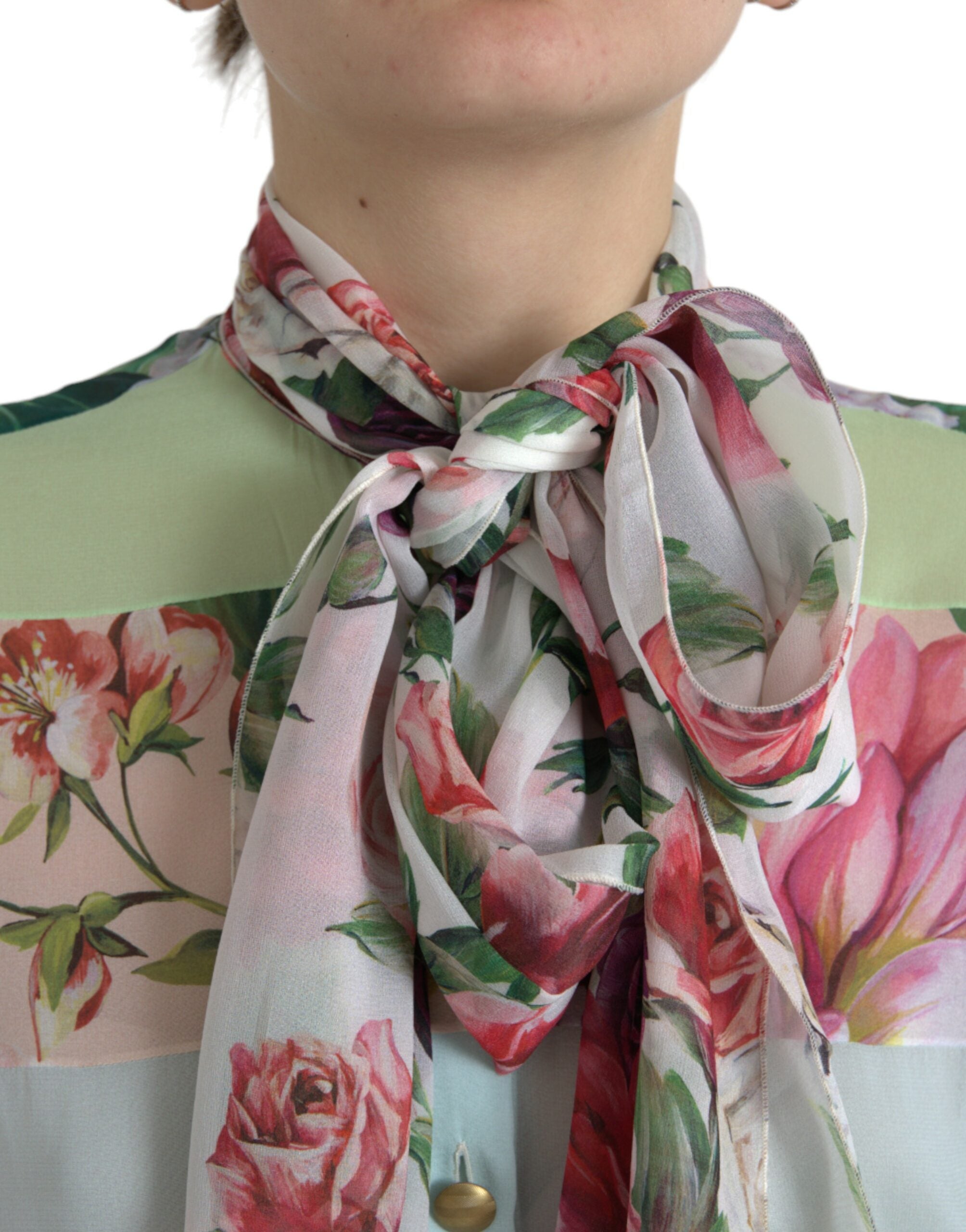 Multicolor Floral Patchwork Ascot Collar Top