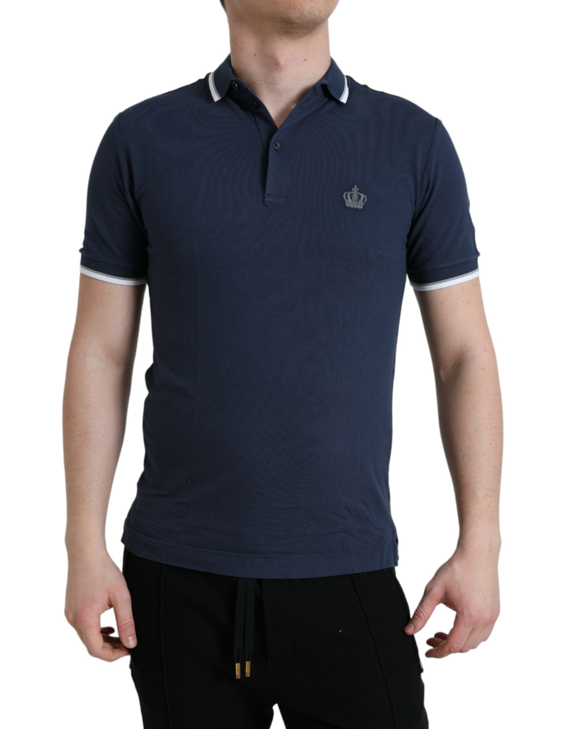 Blue Crown Patch Cotton Collared Men Polo T-shirt