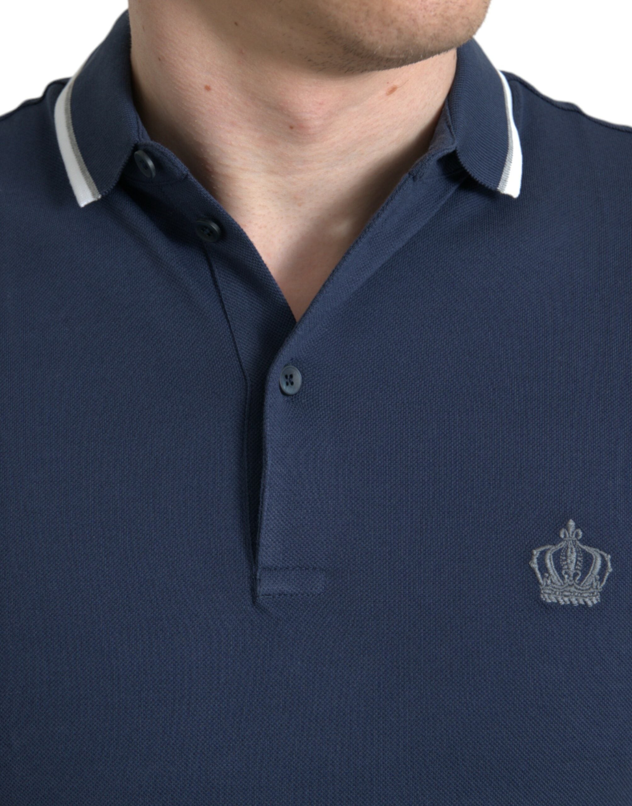 Blue Crown Patch Cotton Collared Men Polo T-shirt