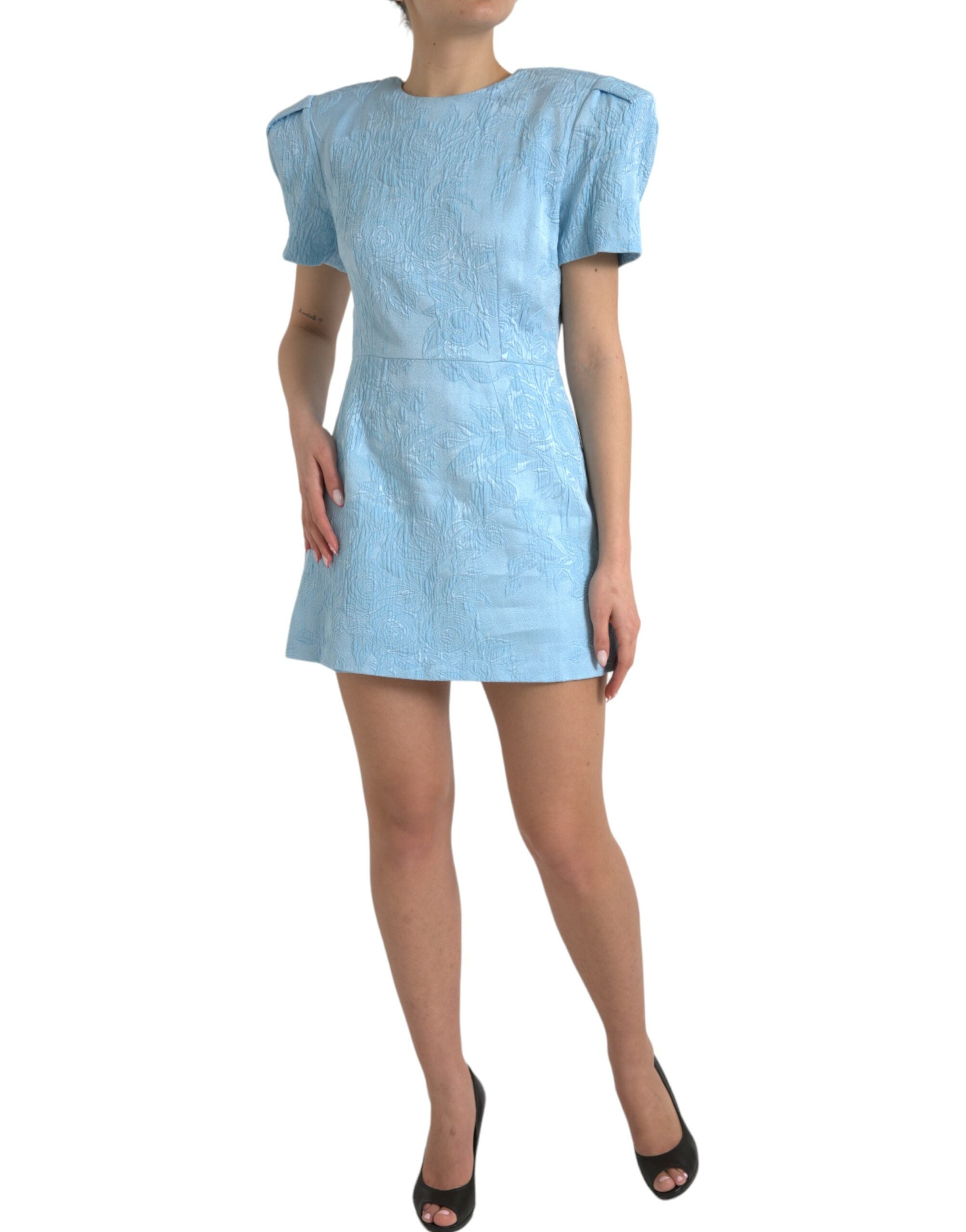 Light Blue Floral Jacquard Puff Sleeve Mini Dress