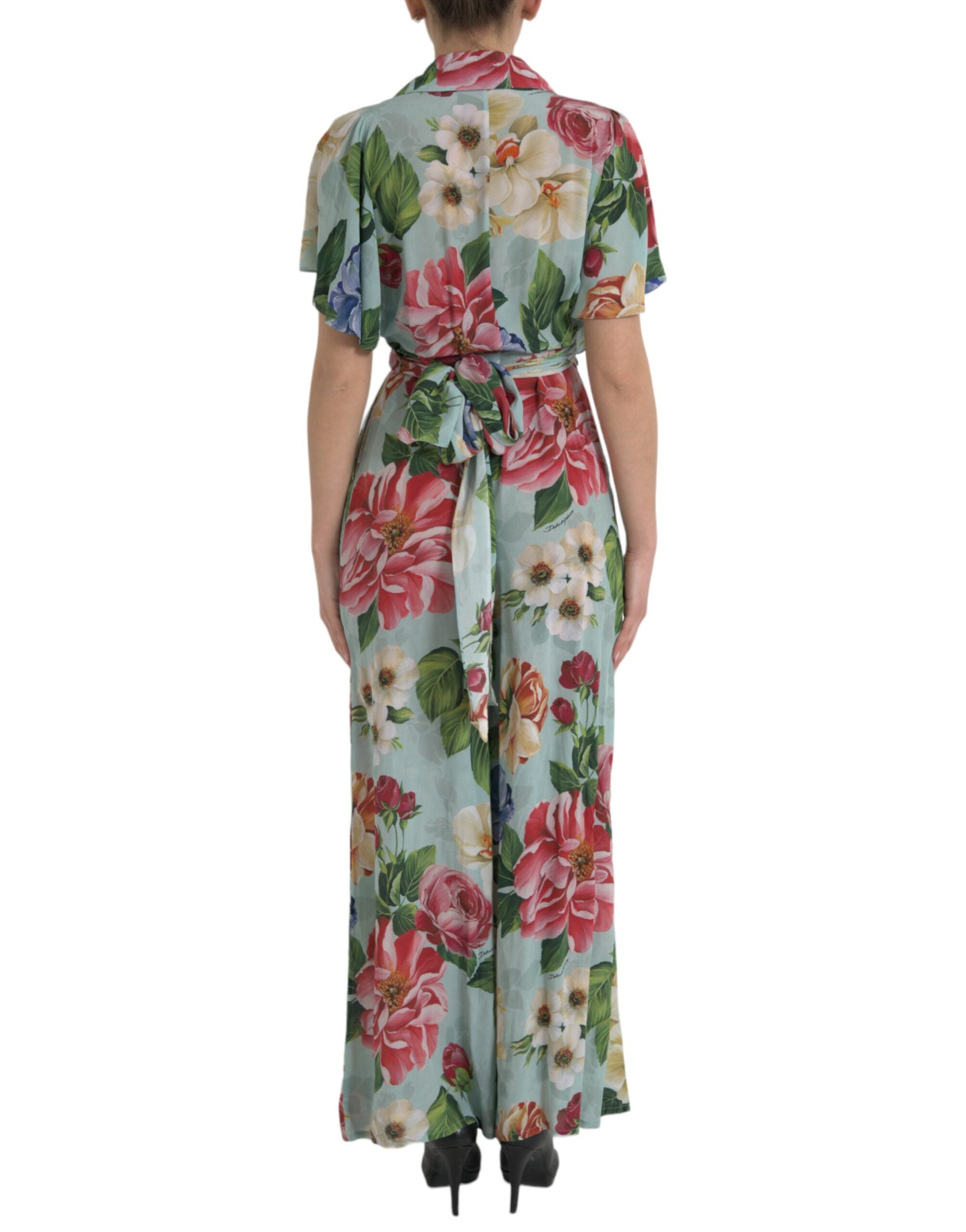 Blue Floral Wide Leg Wrap Jumpsuit Dress
