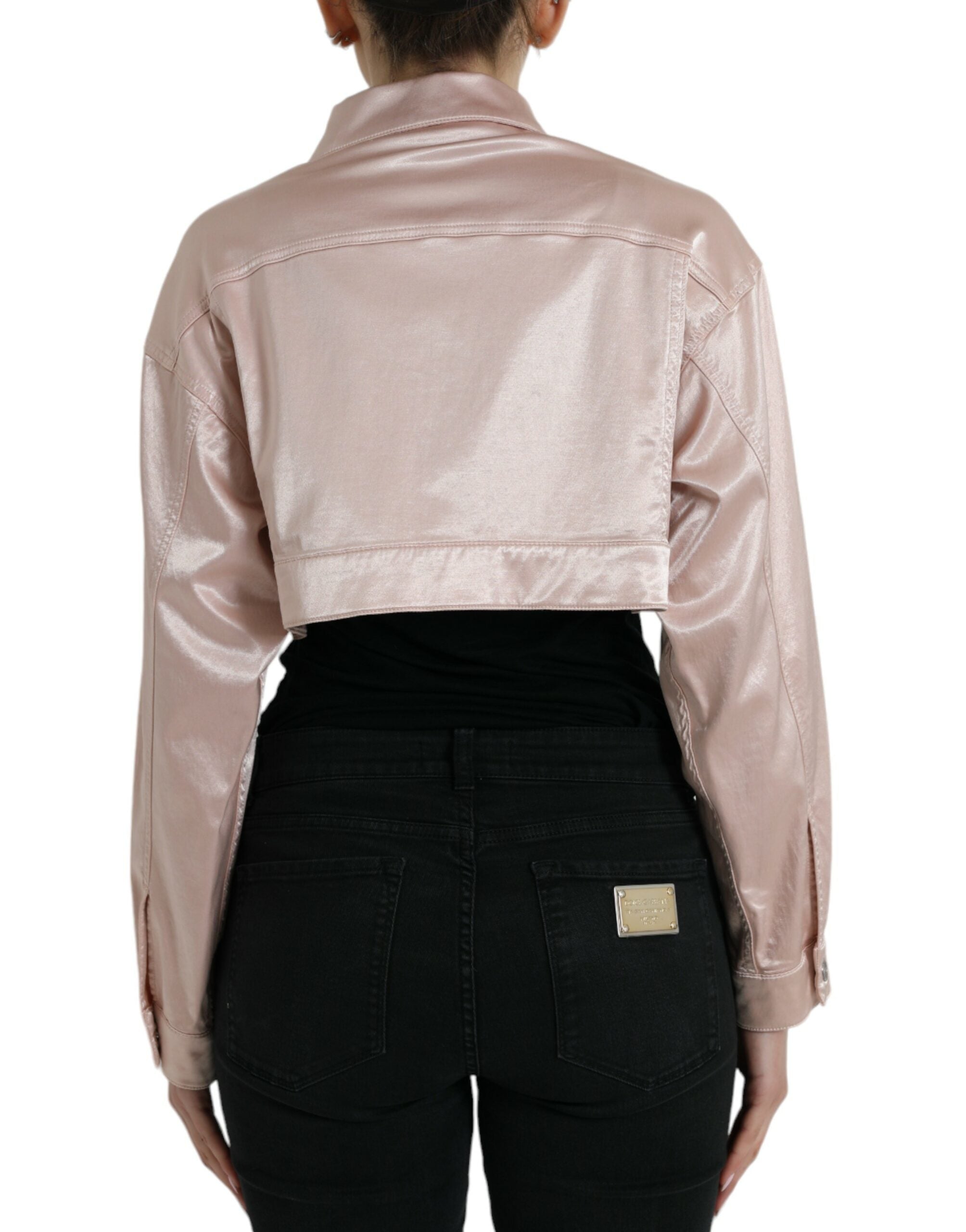 Pink Cotton Stretch Collared Cropped Jacket