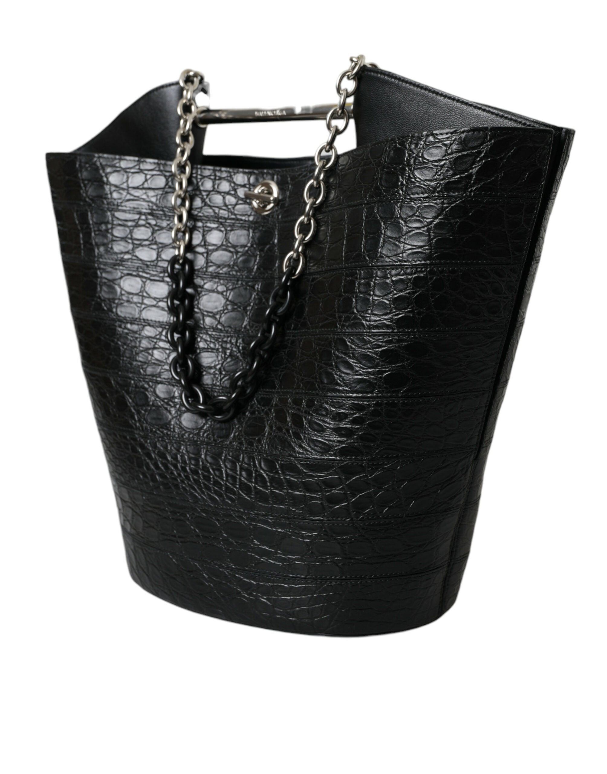 Black Exotic Skin Leather Maxi Bucket Tote Purse Bag