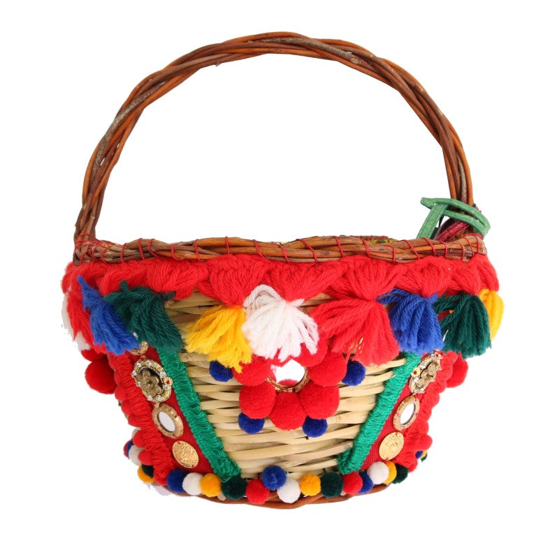 Multicolor AGNESE Straw Crystal  Pom Pom Bag